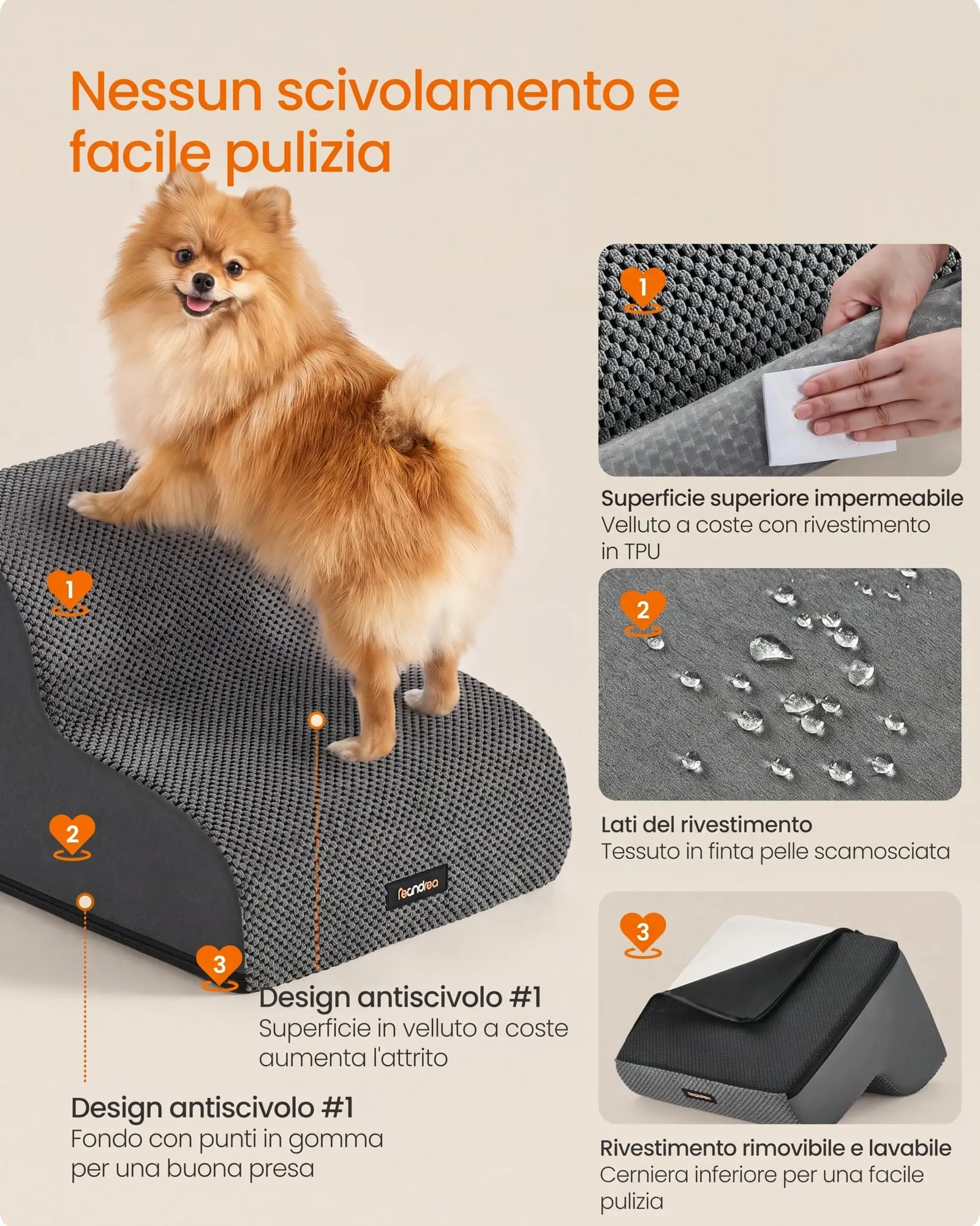 Feandrea Scaletta per Cani e Gatti, 2 Gradini in Spugna, 40 x 40 x 30 cm, Grigio Piombo - immagine 5
