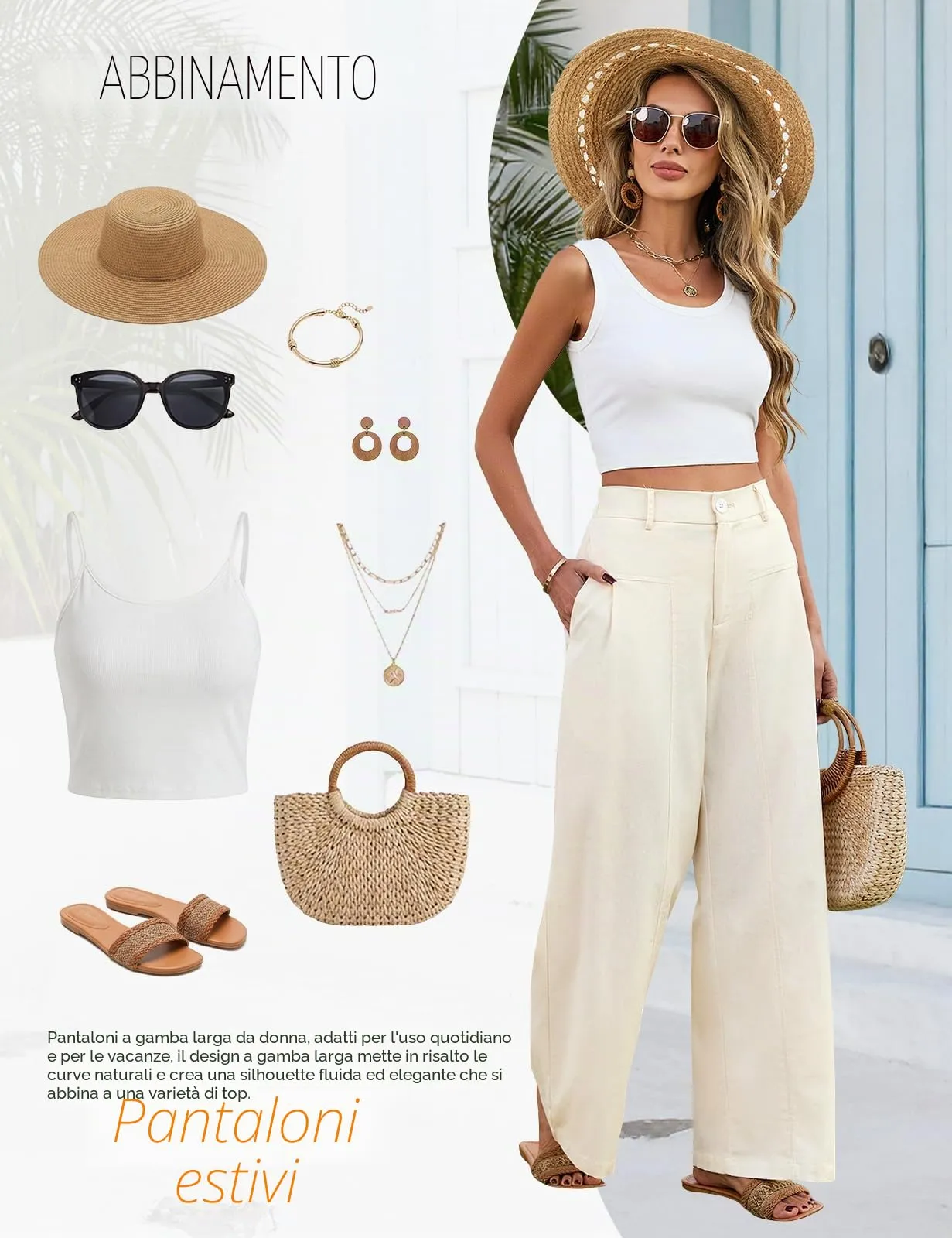 heekpek Pantaloni in Lino Donna Estivi a Gamba Larga con Vita Alta e Tasche, Color Crema, M - immagine 5