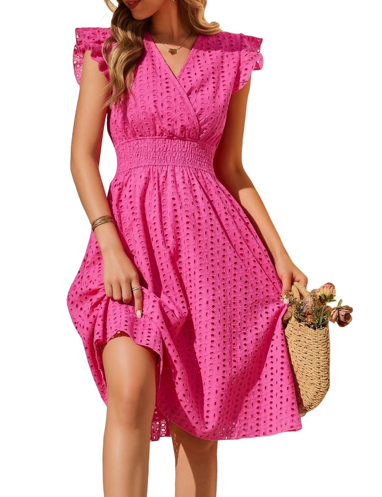 PASUDA Abito Estivo Donna in Cotone Scollo a V Senza Maniche con Volant e Tasche, Jacquard, Rosa, L - immagine 1