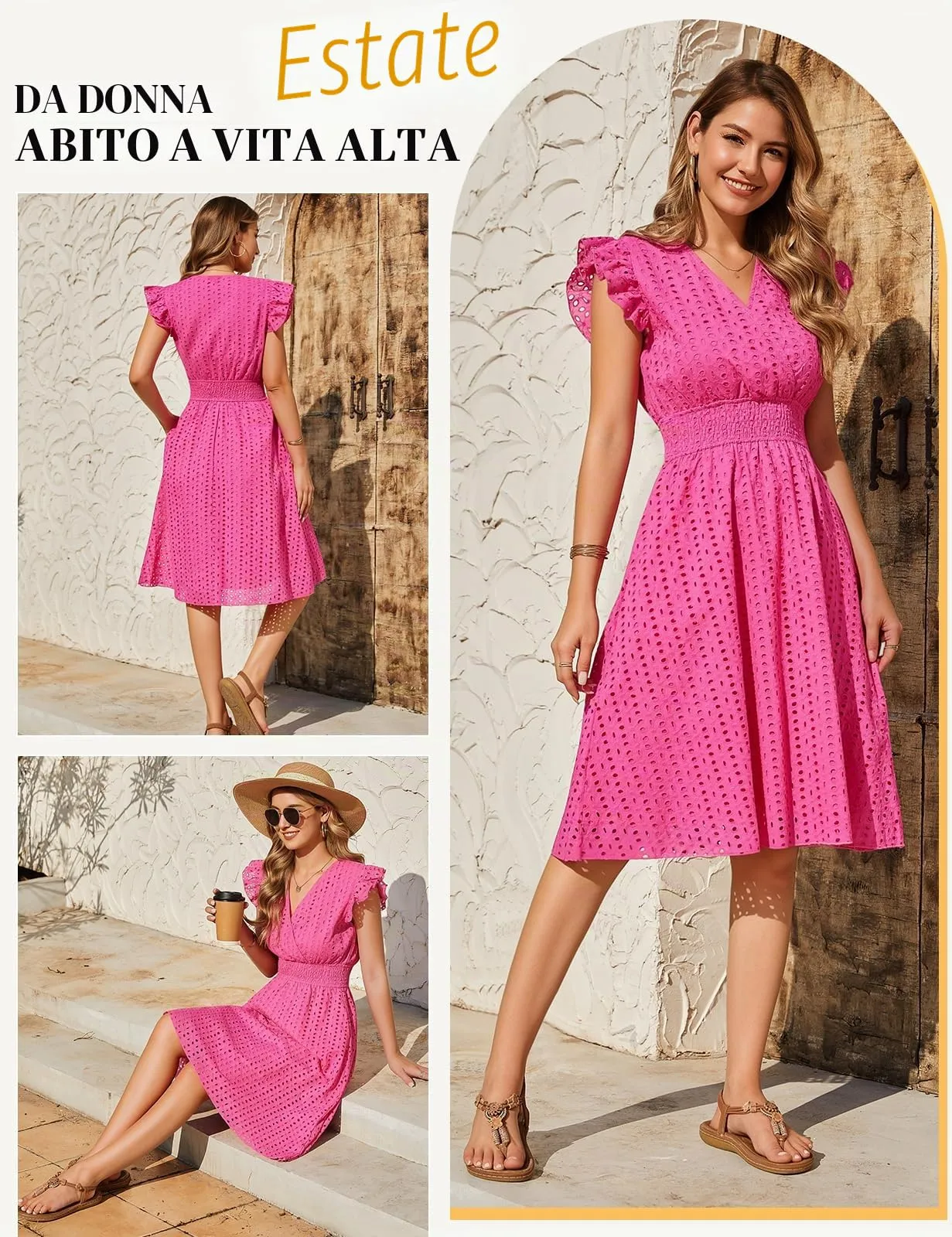 PASUDA Abito Estivo Donna in Cotone Scollo a V Senza Maniche con Volant e Tasche, Jacquard, Rosa, L - immagine 3
