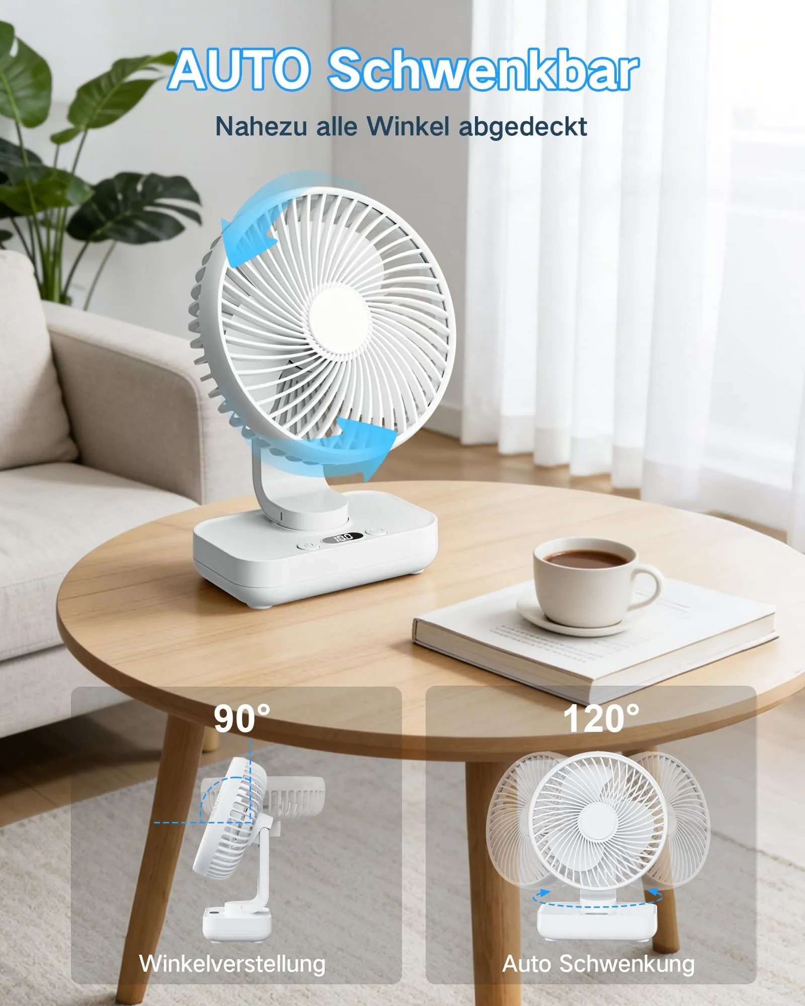 ArsMotin Ventilatore da Tavolo Portatile, Batteria 4500 mAh Ricaricabile USB, 4 Livelli di Velocità, Oscillazione 120° e Inclinazione 90°, Display LED, Bianco - immagine 3