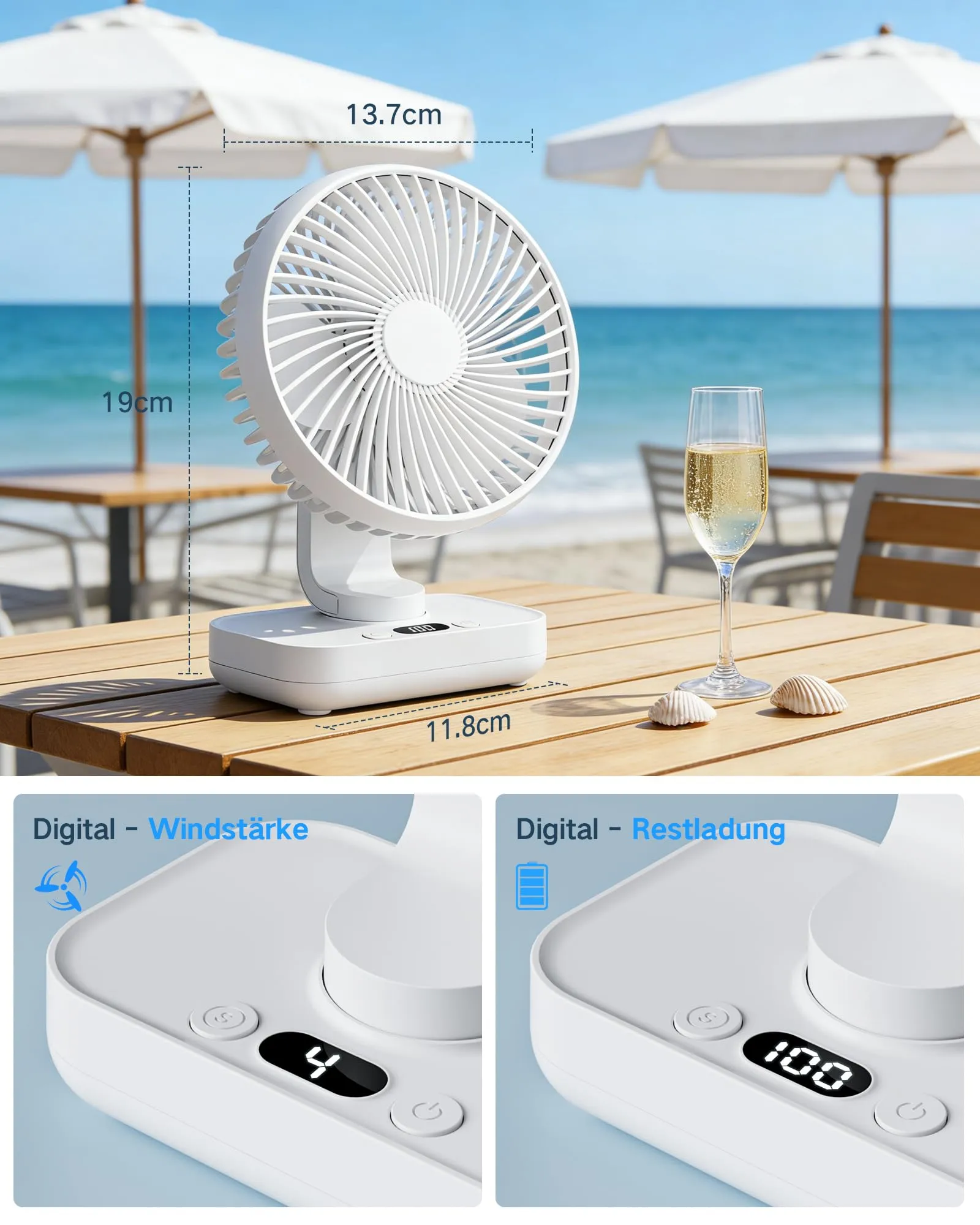 ArsMotin Ventilatore da Tavolo Portatile, Batteria 4500 mAh Ricaricabile USB, 4 Livelli di Velocità, Oscillazione 120° e Inclinazione 90°, Display LED, Bianco - immagine 7