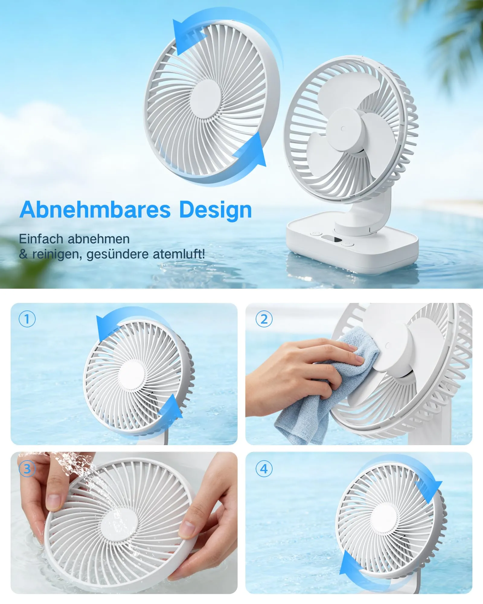 ArsMotin Ventilatore da Tavolo Portatile, Batteria 4500 mAh Ricaricabile USB, 4 Livelli di Velocità, Oscillazione 120° e Inclinazione 90°, Display LED, Bianco - immagine 8