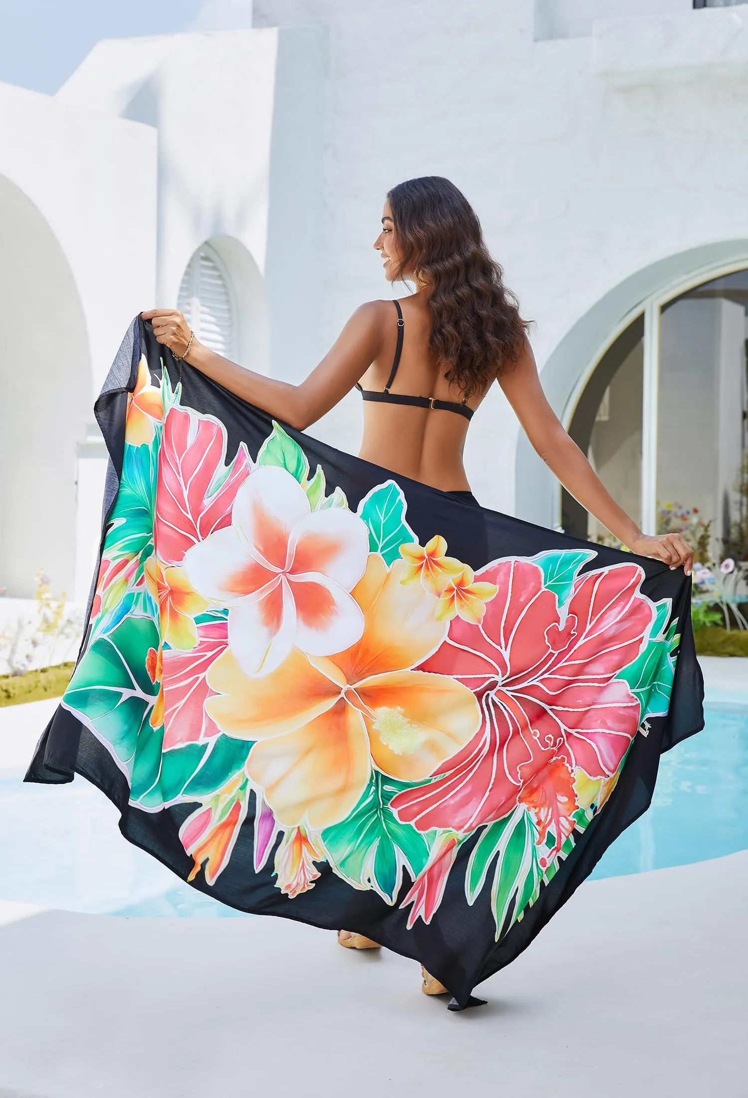 OIZEN Pareo Donna Copricostume da Spiaggia con Spacco Alto, Gonna a Portafoglio Stampata, Nero - immagine 6