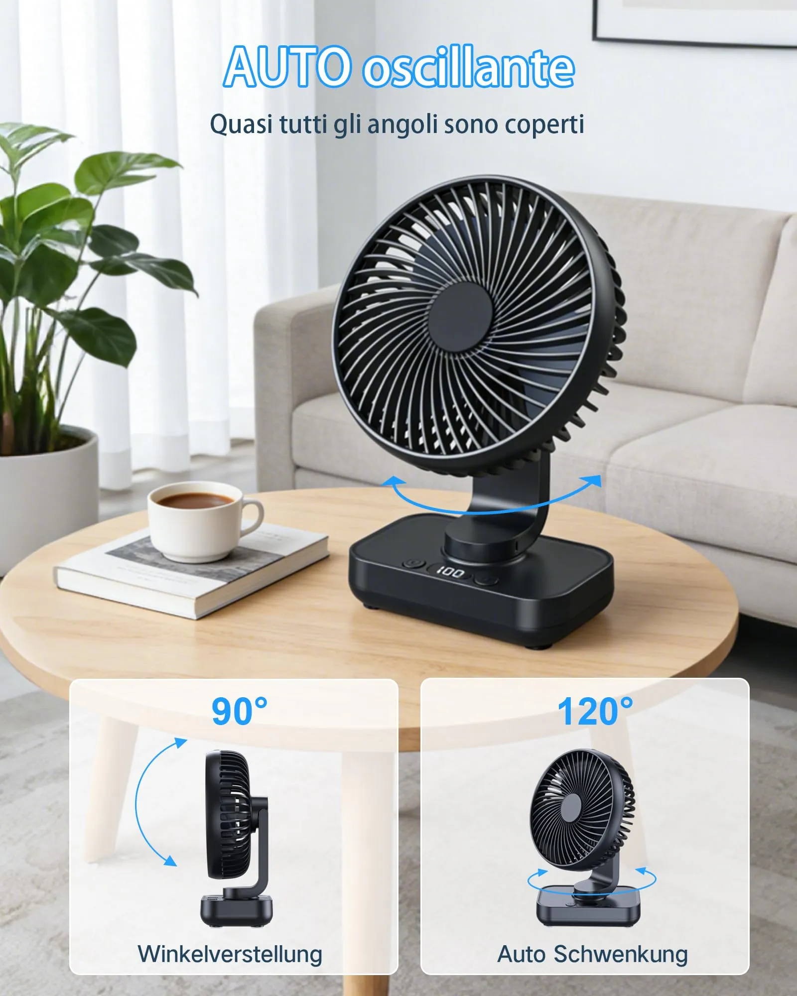 ArsMotin Ventilatore da Tavolo Portatile, Batteria 4500 mAh Ricaricabile USB, 4 Livelli di Velocità, Oscillazione 120° e Inclinazione 90°, Display LED - immagine 4