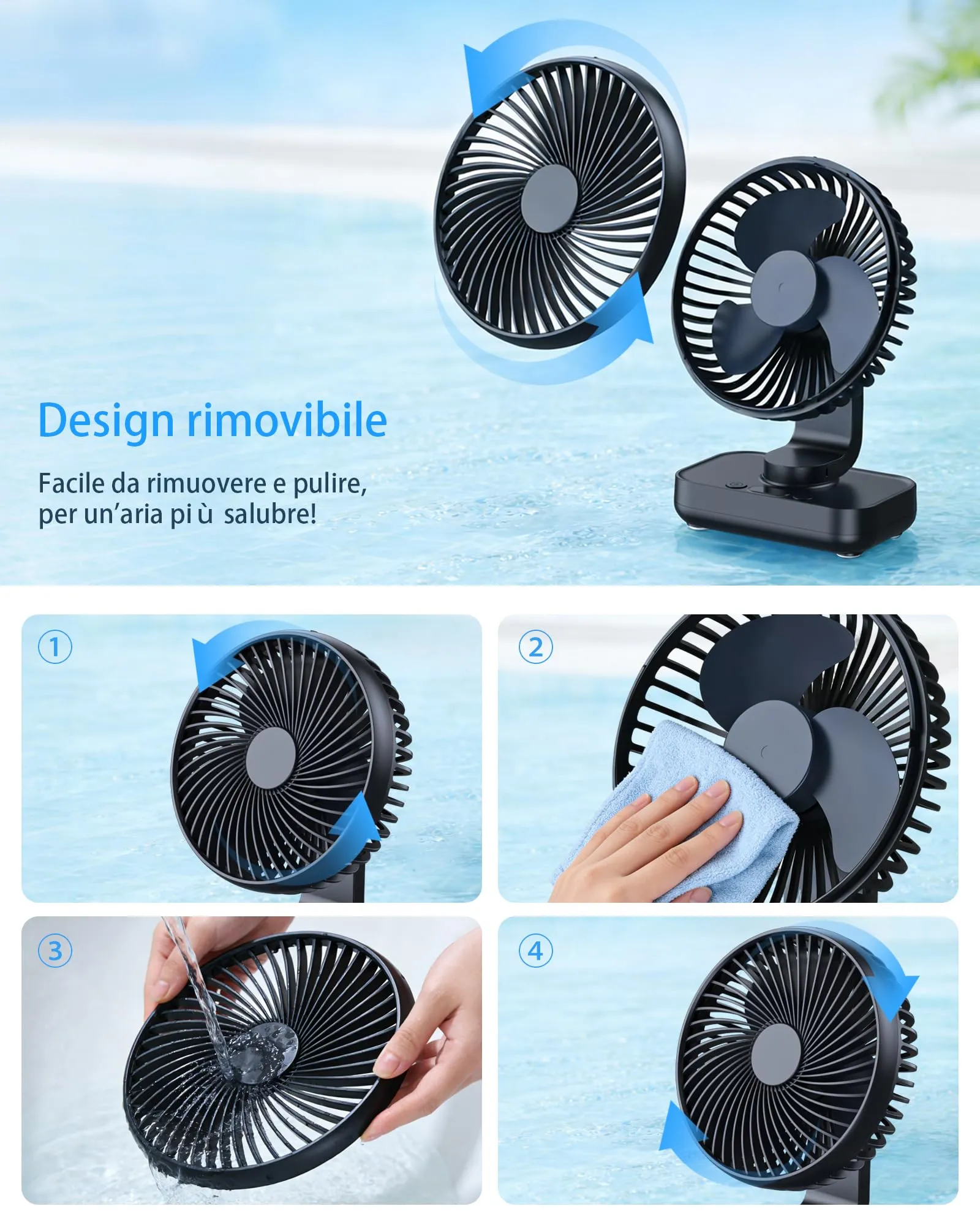 ArsMotin Ventilatore da Tavolo Portatile, Batteria 4500 mAh Ricaricabile USB, 4 Livelli di Velocità, Oscillazione 120° e Inclinazione 90°, Display LED - immagine 7
