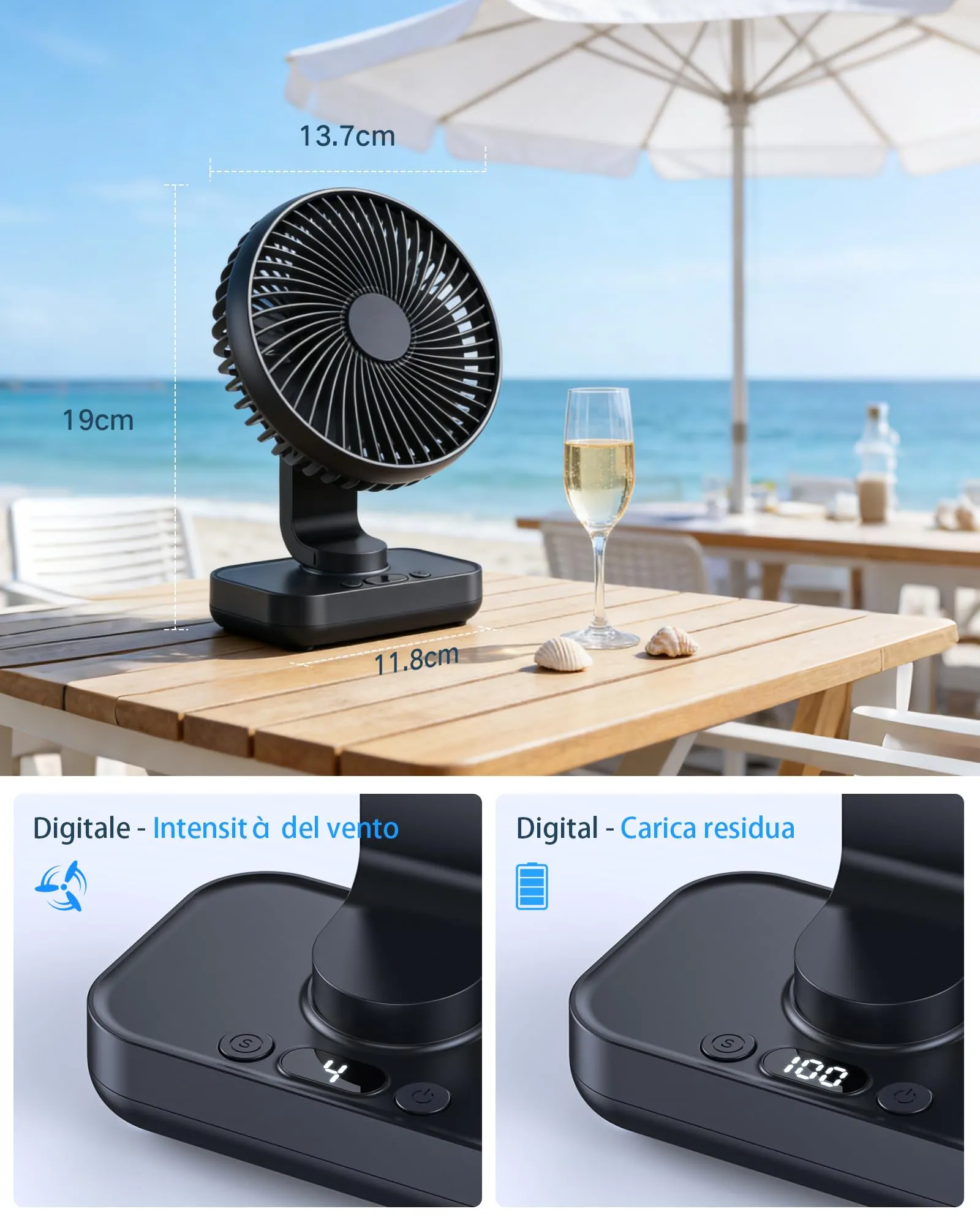 ArsMotin Ventilatore da Tavolo Portatile, Batteria 4500 mAh Ricaricabile USB, 4 Livelli di Velocità, Oscillazione 120° e Inclinazione 90°, Display LED - immagine 8
