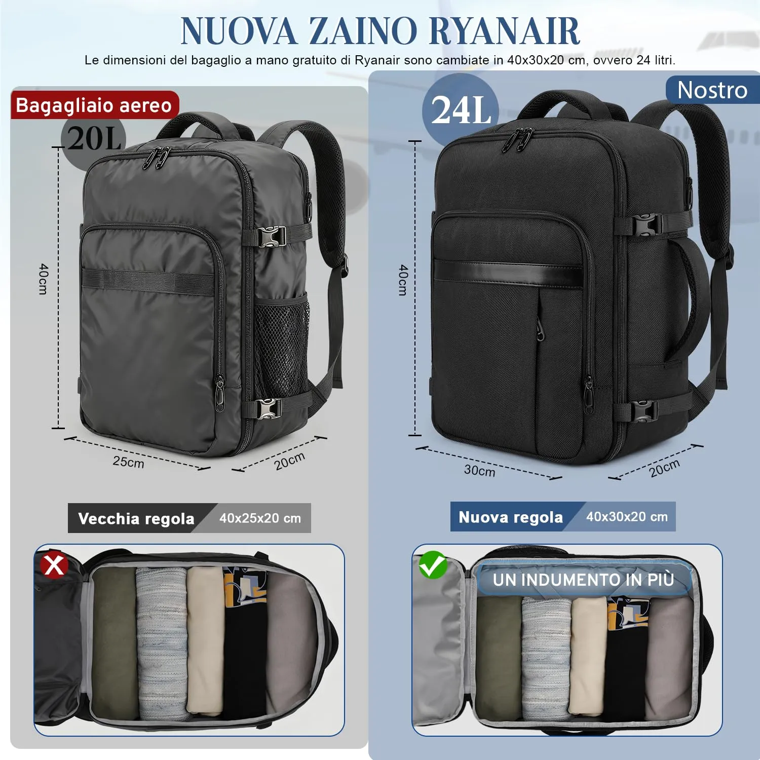 VSNOON Zaino da Viaggio Bagaglio a Mano Ryanair 40x30x20 cm, 24L - immagine 2