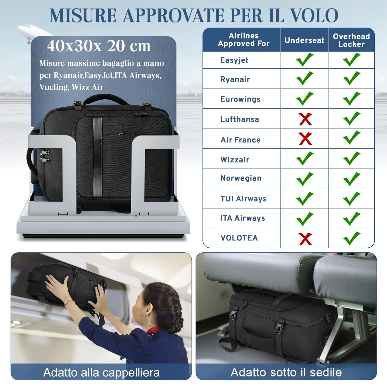 VSNOON Zaino da Viaggio Bagaglio a Mano Ryanair 40x30x20 cm, 24L - immagine 3