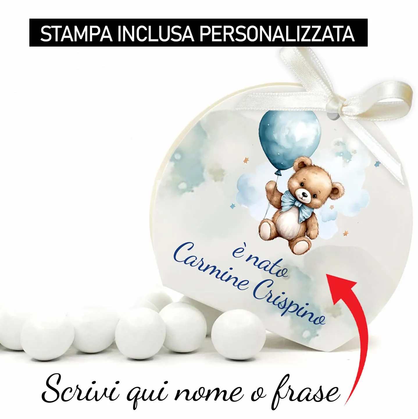 Mr Pubblicità - 30 Scatoline Portaconfetti con Nastrini Personalizzate Orsetto Baby Boy - immagine 3