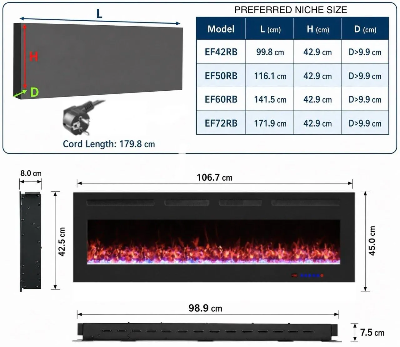 Weka Fireplace Camino Elettrico a Parete WiFi 107cm, 750/1500W EF42RB - immagine 2