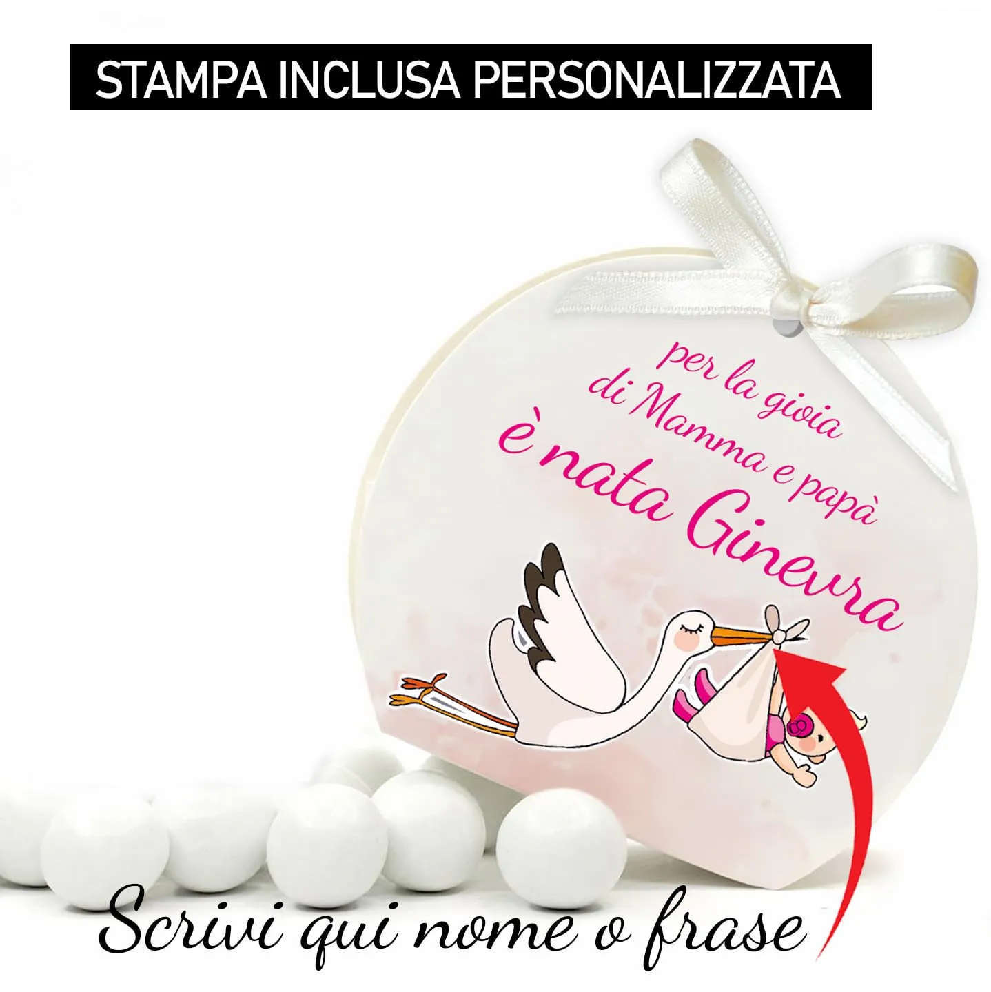 Mr Pubblicità Scatoline Portaconfetti Personalizzate con Nastrino, 30 Pezzi, Cicogna Baby Girl - immagine 2