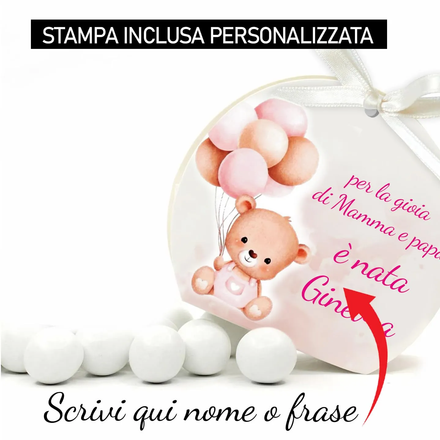 Mr Pubblicità - 30 Scatoline Portaconfetti con Nastrini Personalizzate, Orsetto Ballon Girl - immagine 2