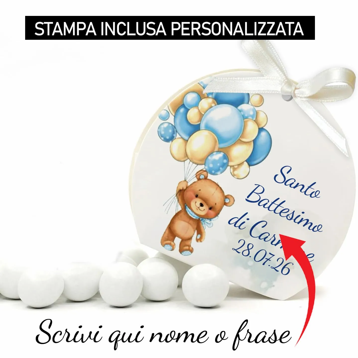Mr Pubblicità - 30 Scatoline Portaconfetti con Nastrini Personalizzate (Orsetto boy ballon) - immagine 2