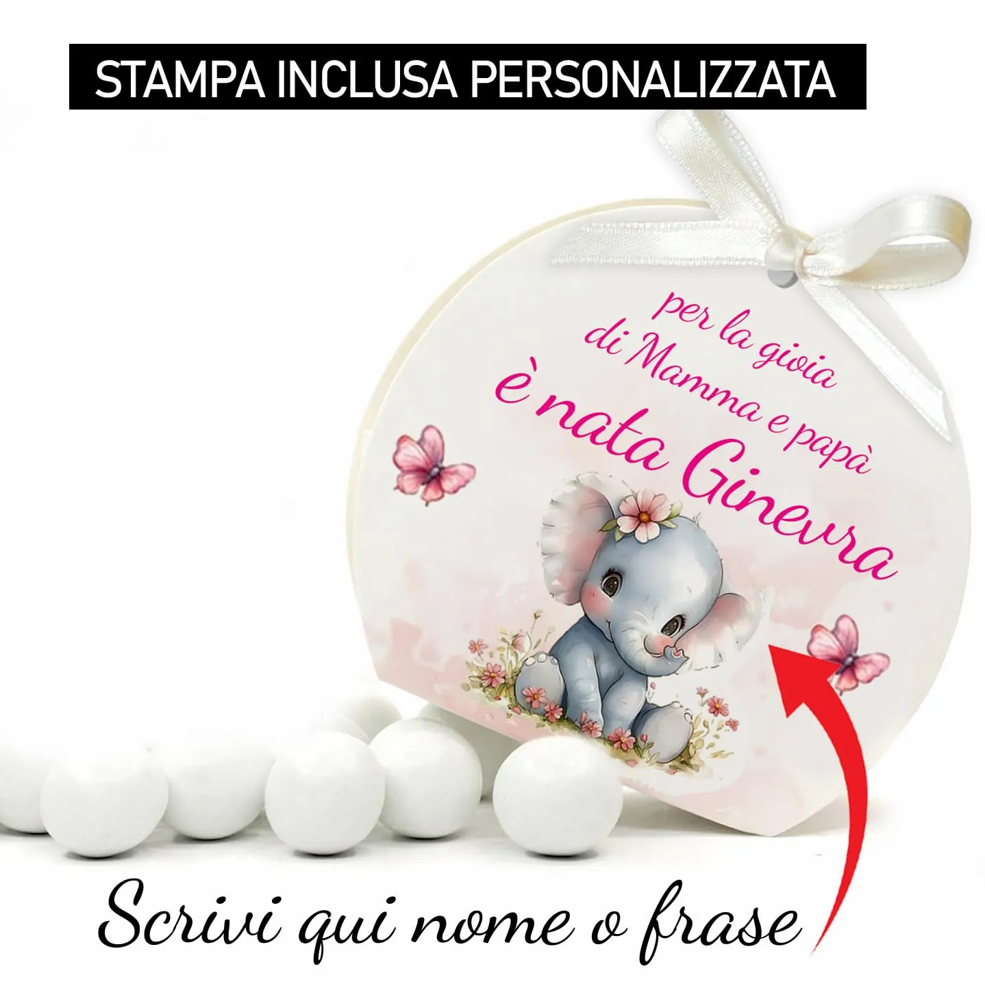 Mr Pubblicità - 30 Scatoline Portaconfetti con Nastrini Personalizzate (Elefantino Baby) - immagine 2