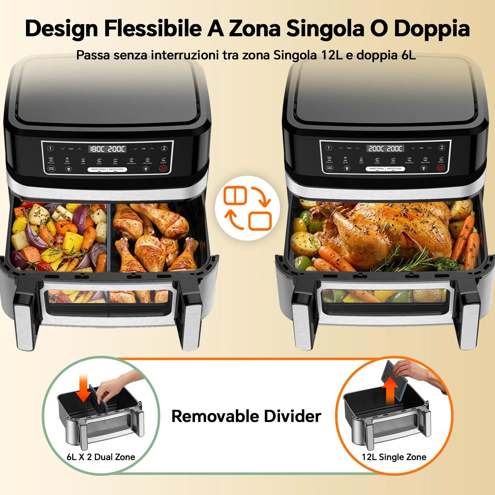 Emphsism Friggitrice ad Aria 12L XXL, 2600W, Dual Zone con Separatore Flessibile, Doppia Resistenza, Finestra di Visione e 8 Programmi - immagine 2