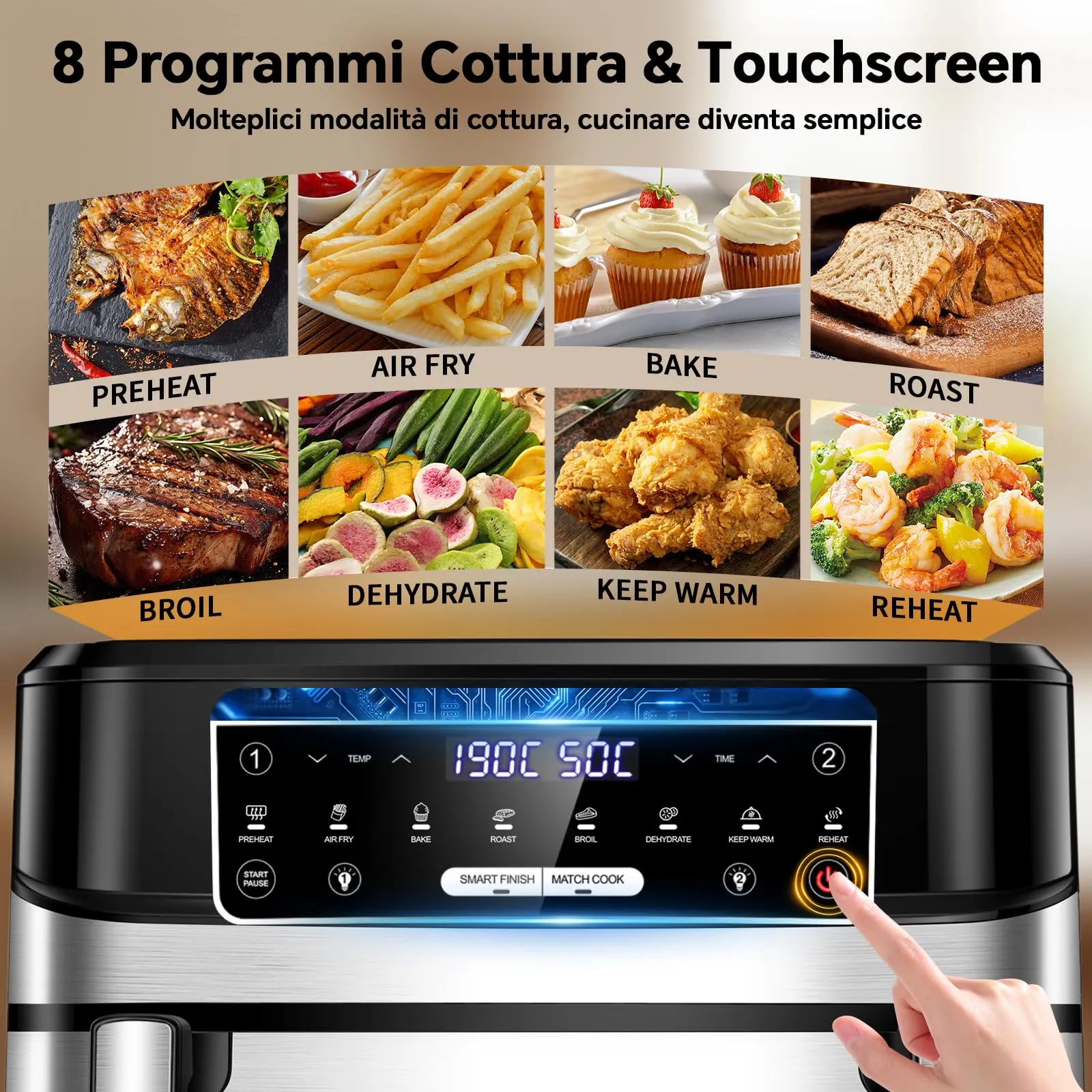 Emphsism Friggitrice ad Aria 12L XXL, 2600W, Dual Zone con Separatore Flessibile, Doppia Resistenza, Finestra di Visione e 8 Programmi - immagine 4