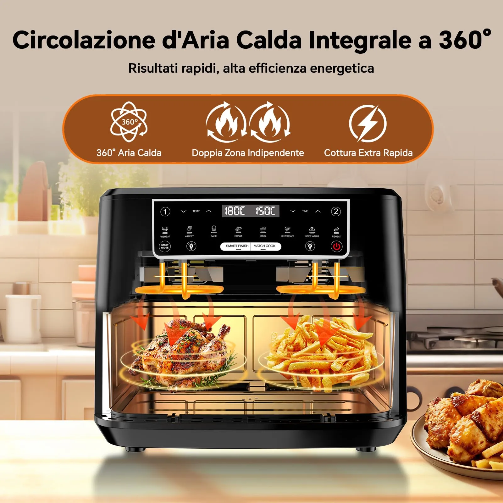 Emphsism Friggitrice ad Aria 12L XXL, 2600W, Dual Zone con Separatore Flessibile, Doppia Resistenza, Finestra di Visione e 8 Programmi - immagine 5