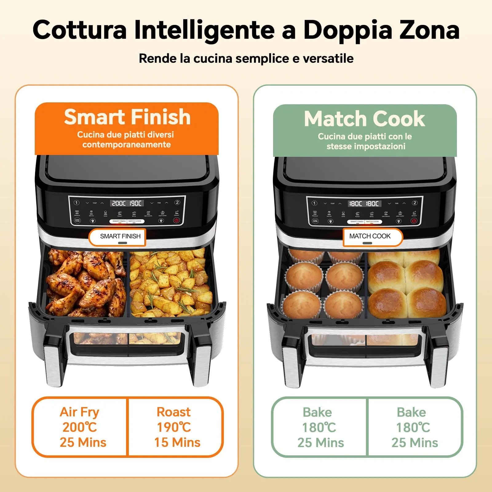 Emphsism Friggitrice ad Aria 12L XXL, 2600W, Dual Zone con Separatore Flessibile, Doppia Resistenza, Finestra di Visione e 8 Programmi - immagine 7