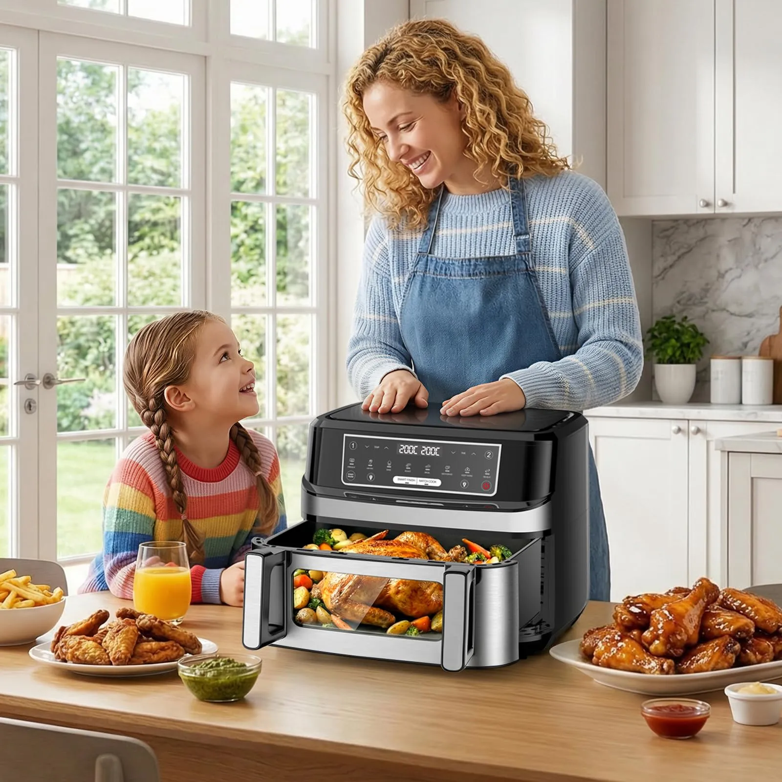 Emphsism Friggitrice ad Aria 12L XXL, 2600W, Dual Zone con Separatore Flessibile, Doppia Resistenza, Finestra di Visione e 8 Programmi - immagine 8
