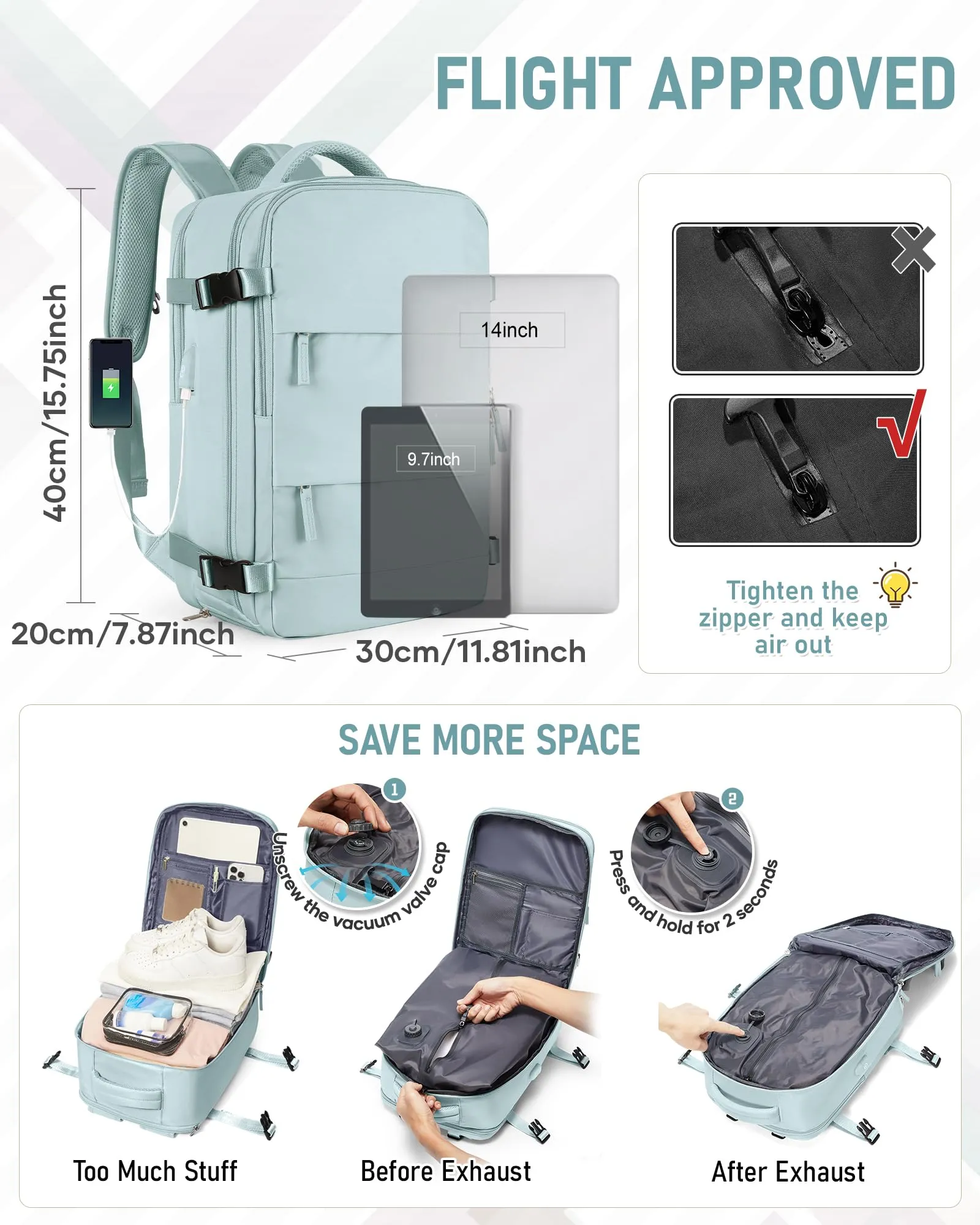 SZLX Zaino da Viaggio Sottovuoto con Pompa 40x30x20, Bagaglio a Mano Ryanair Wizzair Vueling, Borsa da Cabina per Laptop 14 Pollici con Porta USB e Scomparto Scarpe - immagine 4