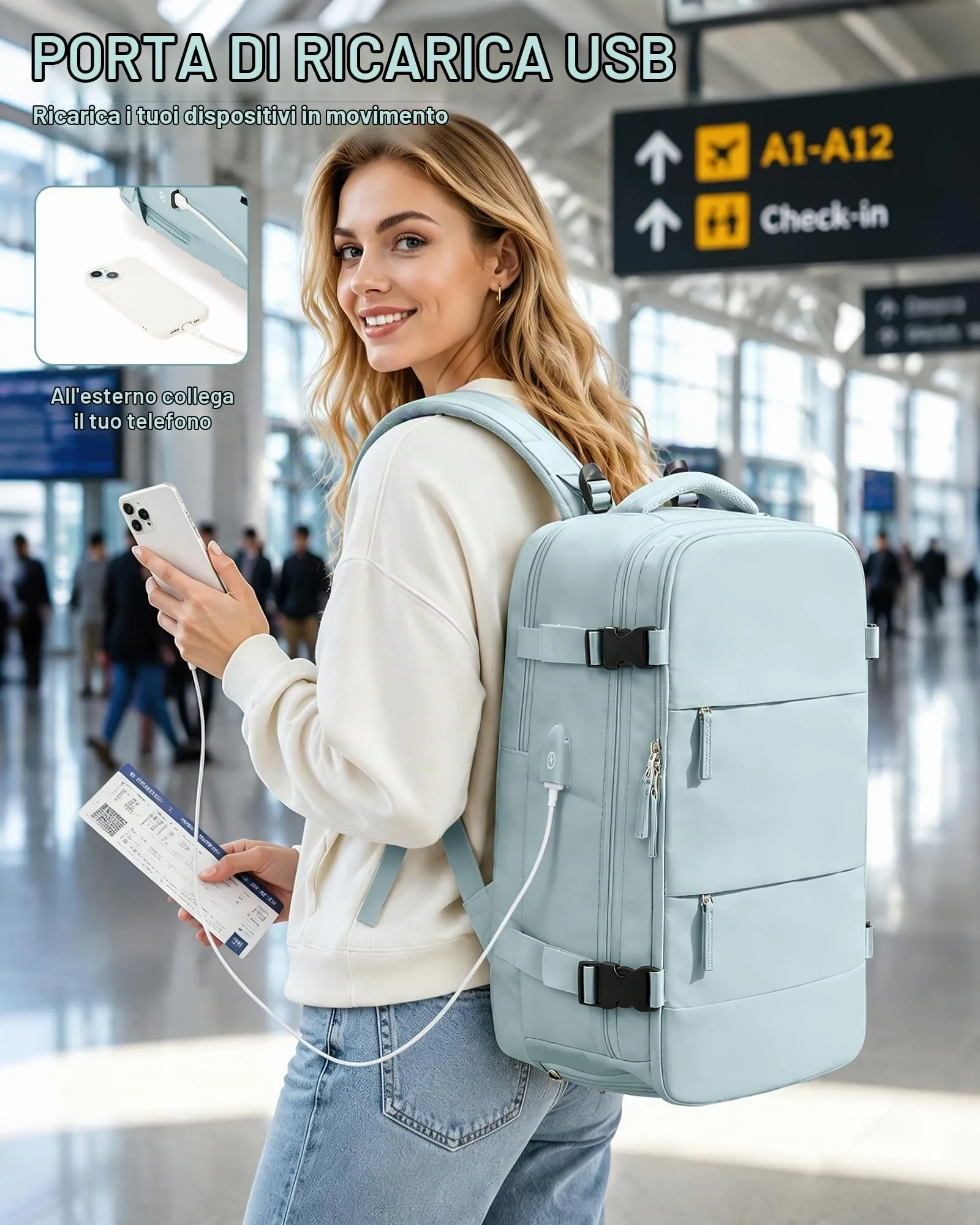 SZLX Zaino da Viaggio Sottovuoto con Pompa 40x30x20, Bagaglio a Mano Ryanair Wizzair Vueling, Borsa da Cabina per Laptop 14 Pollici con Porta USB e Scomparto Scarpe - immagine 6