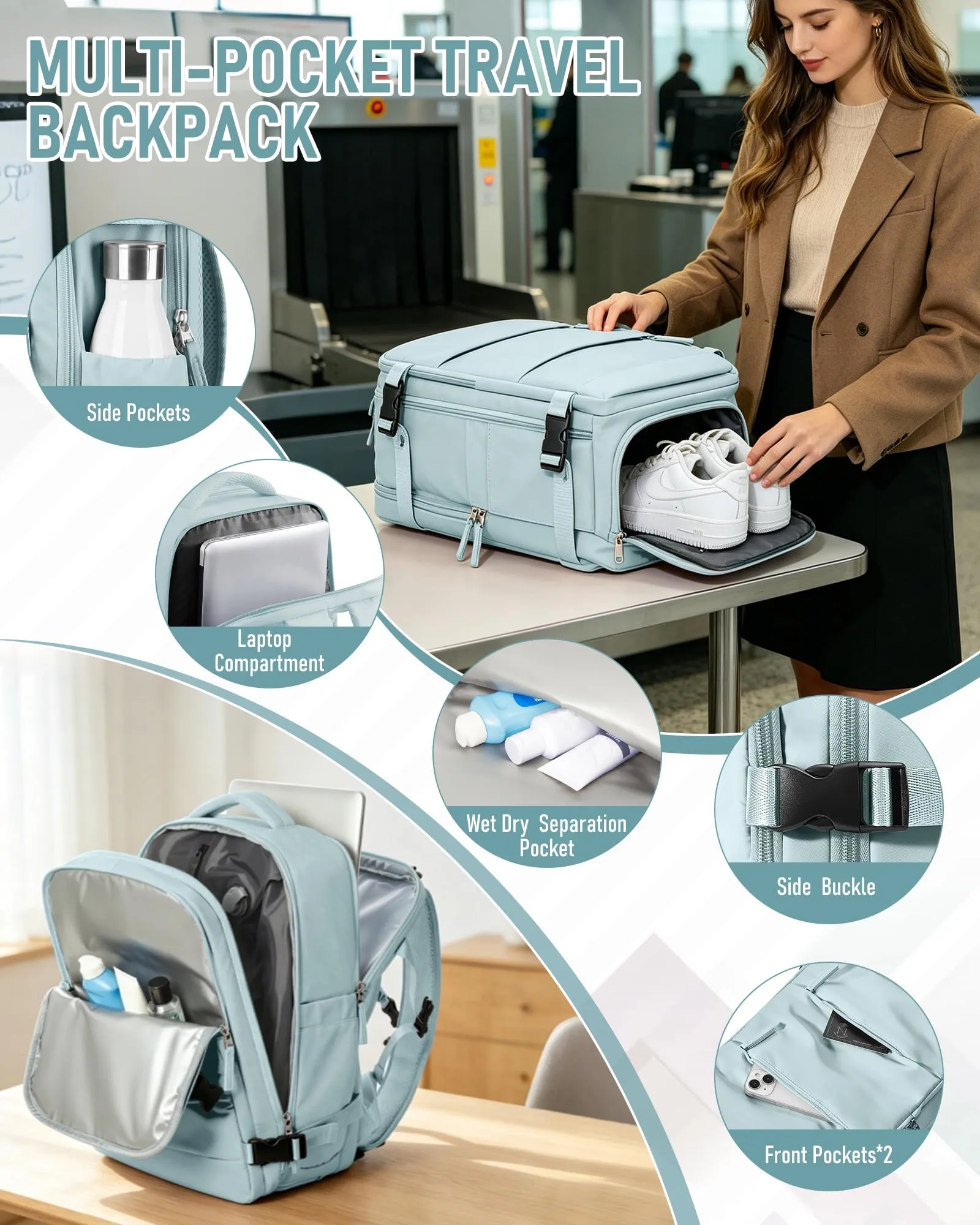 SZLX Zaino da Viaggio Sottovuoto con Pompa 40x30x20, Bagaglio a Mano Ryanair Wizzair Vueling, Borsa da Cabina per Laptop 14 Pollici con Porta USB e Scomparto Scarpe - immagine 7