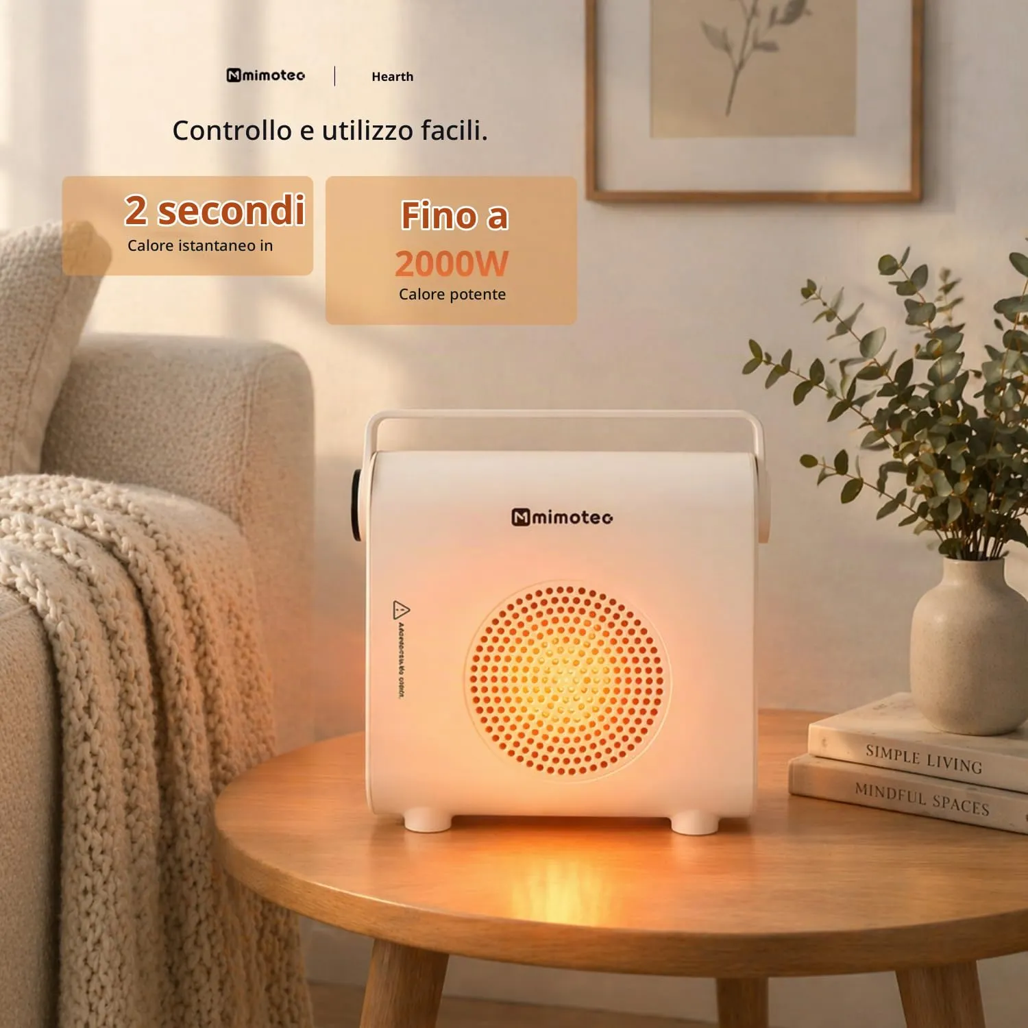 M Mimotec White Hearth Termoventilatore in Ceramica 2000W con Telecomando, Bianco - immagine 4