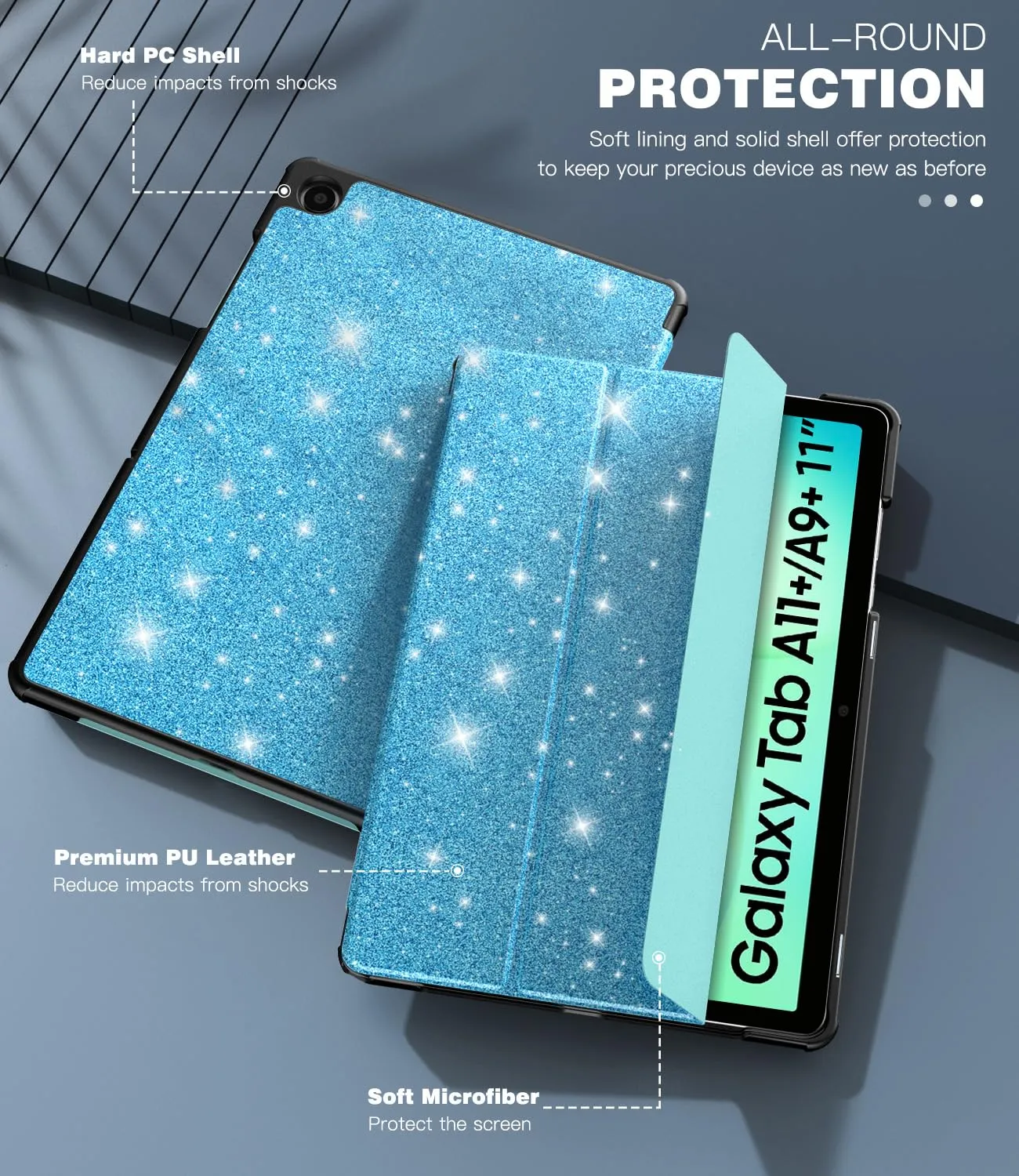 TiMOVO Cover per Samsung Galaxy Tab A11+/A9+ 11", Azzurro Glitterato - immagine 6