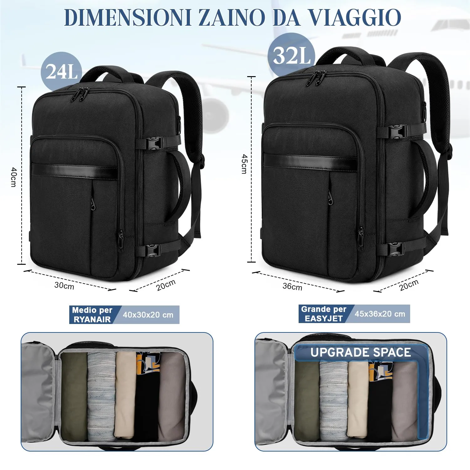 VSNOON Zaino da Viaggio Bagaglio a Mano Easyjet 45x36x20 cm, 32L - immagine 3
