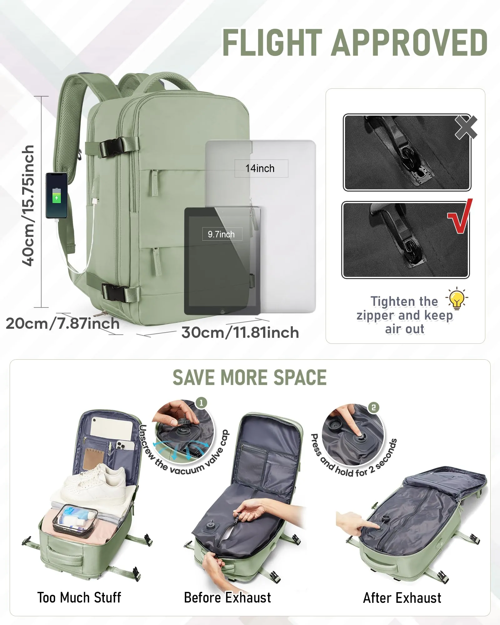 SZLX Zaino da Viaggio Sottovuoto con Pompa 40x30x20 per Ryanair Wizzair Vueling, Borsa da Cabina con Scomparto Scarpe e Porta USB per Laptop 14 Pollici - immagine 4