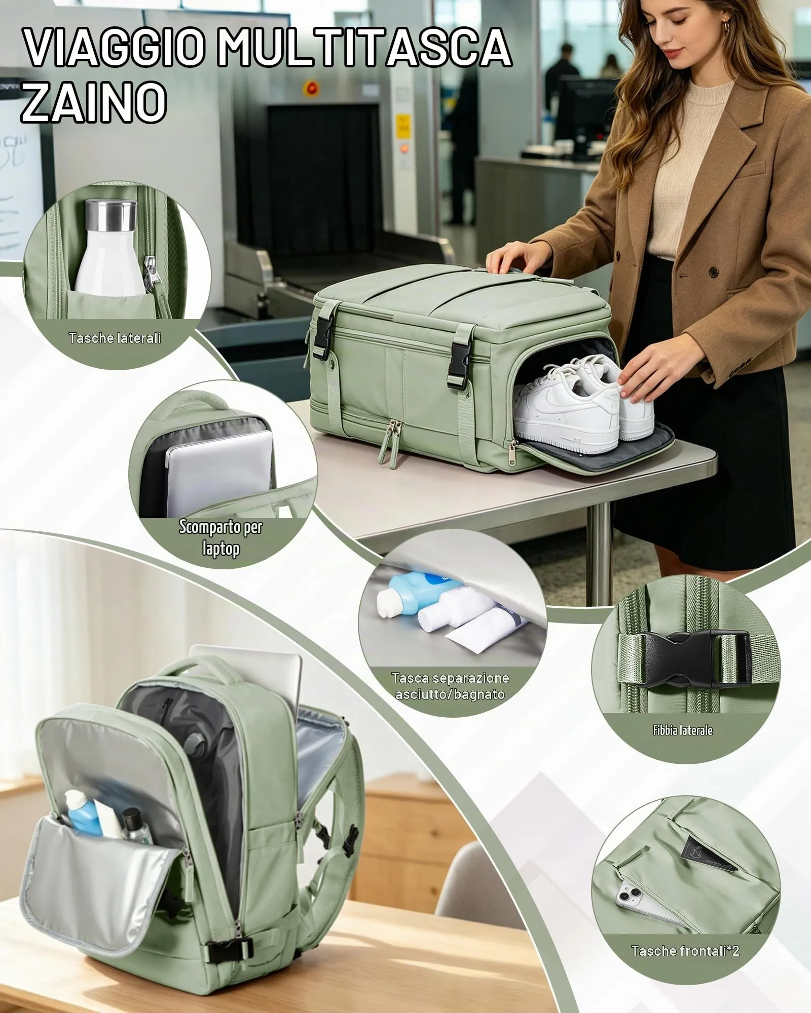 SZLX Zaino da Viaggio Sottovuoto con Pompa 40x30x20 per Ryanair Wizzair Vueling, Borsa da Cabina con Scomparto Scarpe e Porta USB per Laptop 14 Pollici - immagine 7