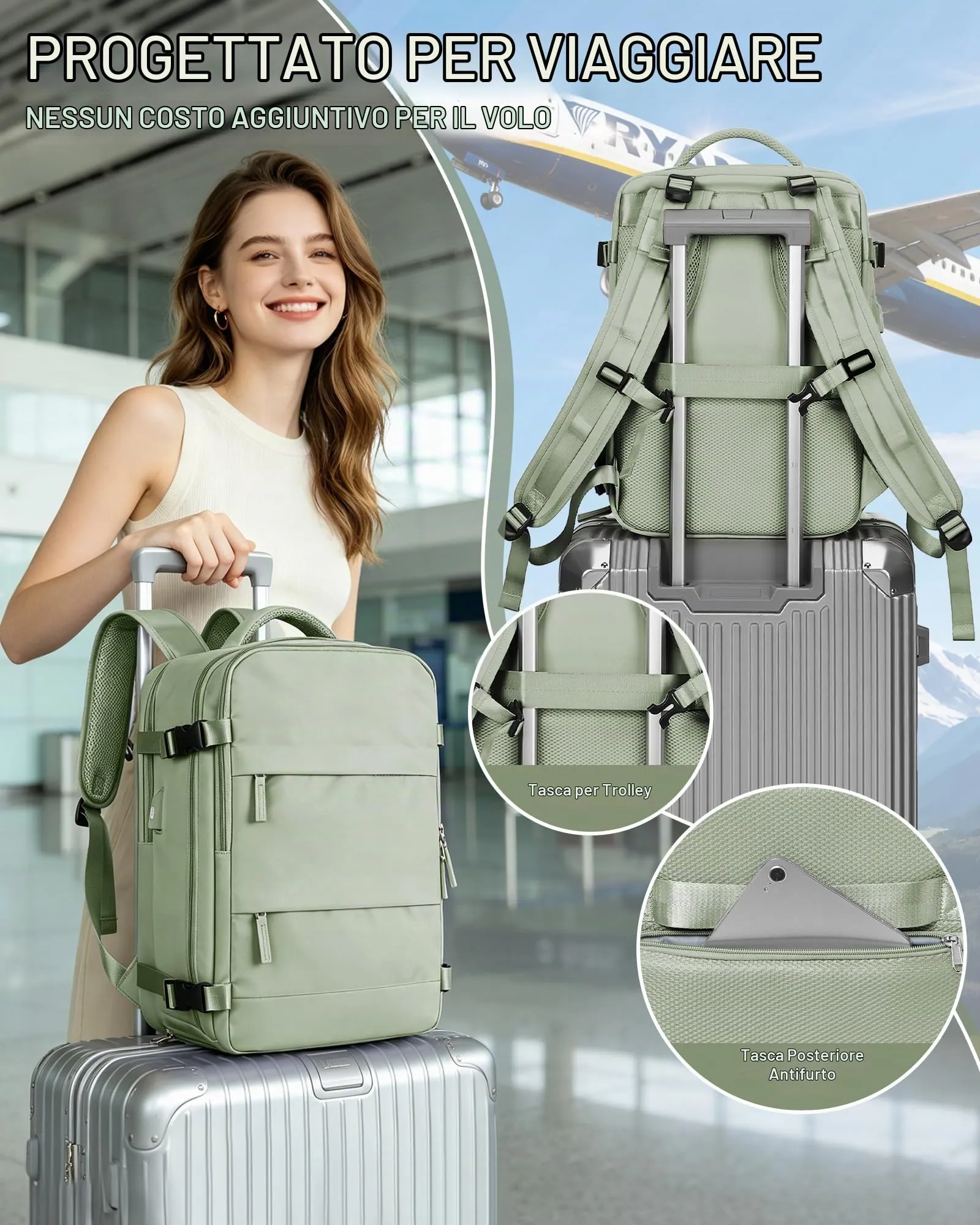 SZLX Zaino da Viaggio Sottovuoto con Pompa 40x30x20 per Ryanair Wizzair Vueling, Borsa da Cabina con Scomparto Scarpe e Porta USB per Laptop 14 Pollici - immagine 10