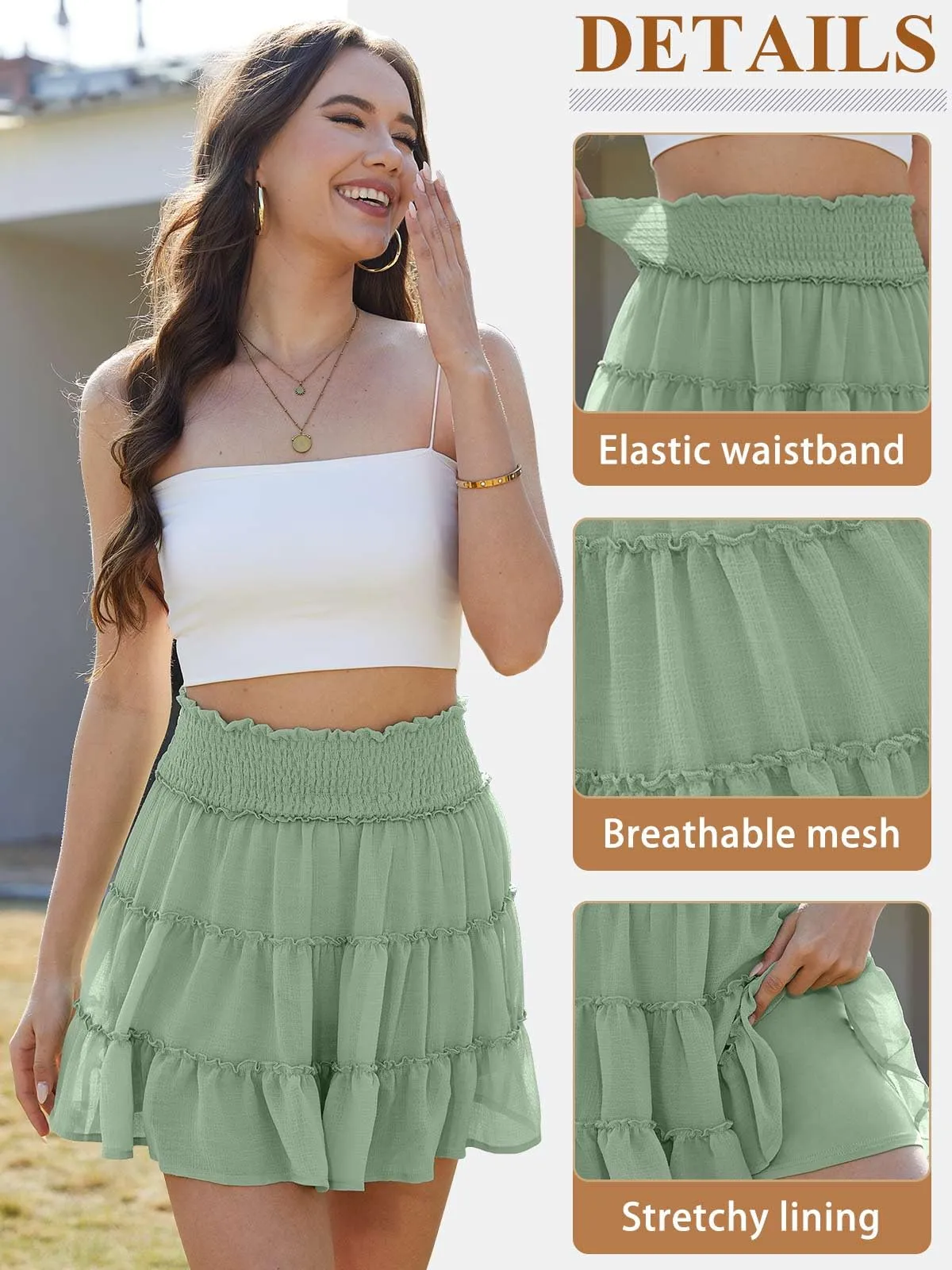CheChury Mini Gonna a Vita Alta in Tulle a Balze con Pantaloncini Interni per Donna - immagine 4