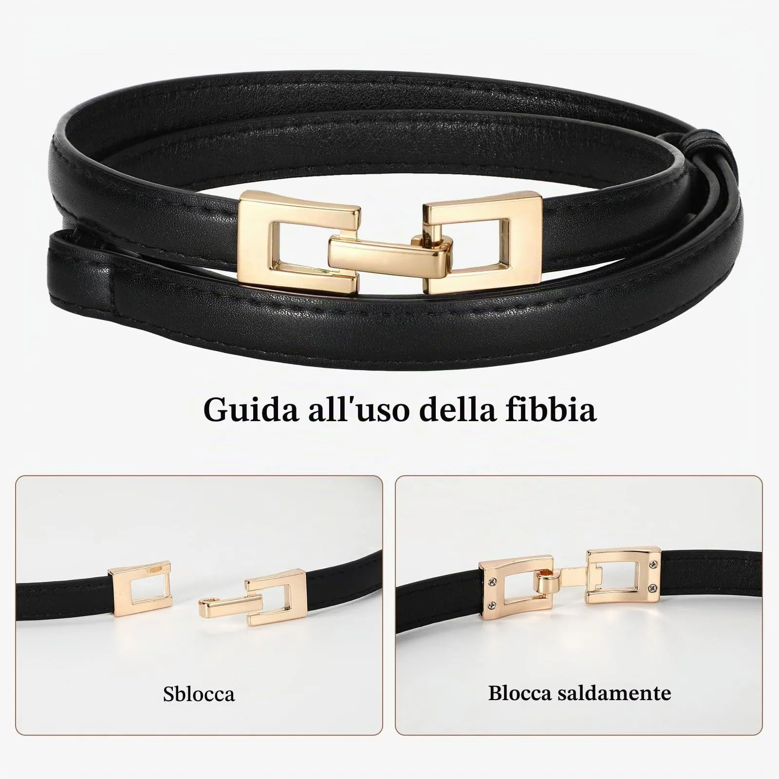 LEACOOLKEY Cintura Donna Sottile in Pelle con Fibbia Dorata, Marrone, 100cm (Larghezza 1,5 cm) - immagine 4