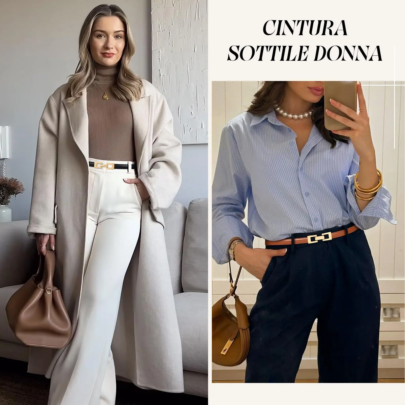 LEACOOLKEY Cintura Donna Sottile in Pelle con Fibbia Dorata, Marrone, 100cm - immagine 3