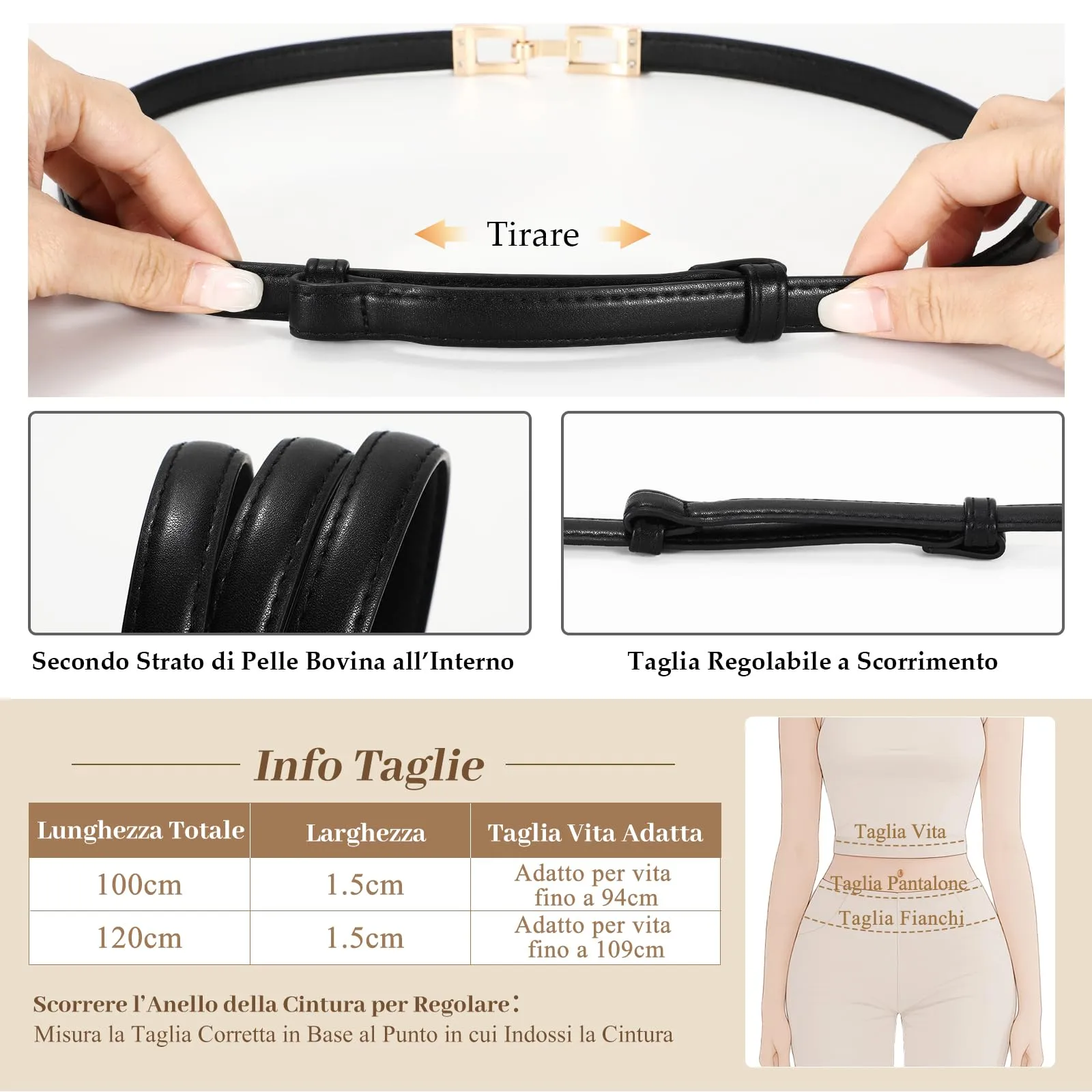 LEACOOLKEY Cintura Donna Sottile in Pelle con Fibbia Dorata, Marrone, 100cm - immagine 5