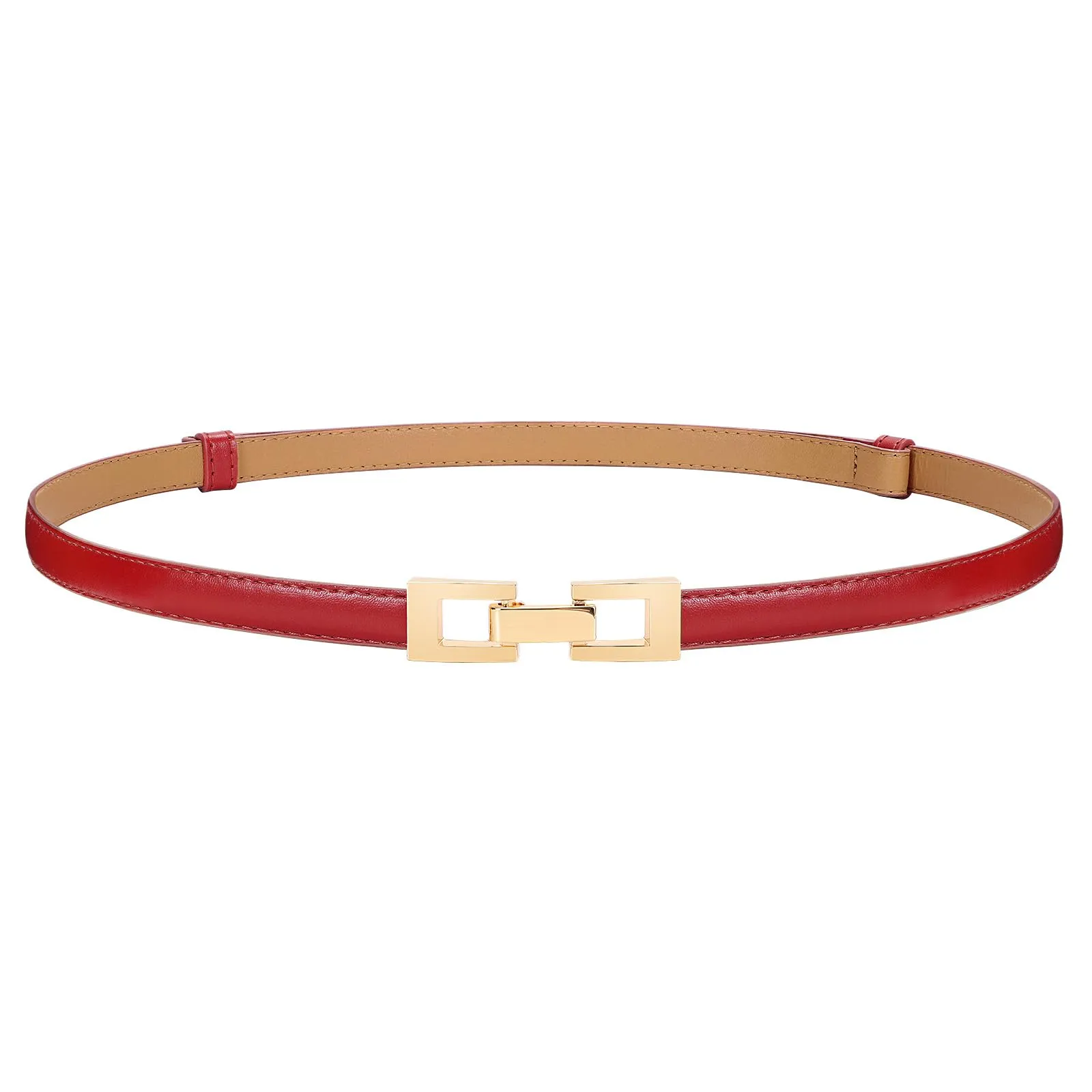 LEACOOLKEY Cintura Donna Sottile in Pelle con Fibbia Dorata, Rosso, 1,5 cm x 120 cm - immagine 1