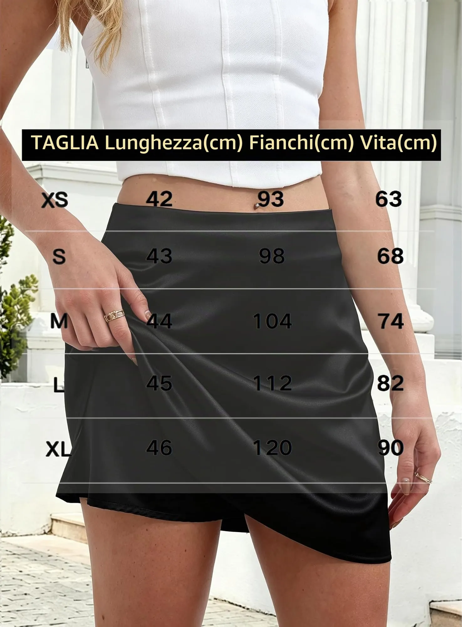 Vossmi Gonna Raso Vita Alta A-Line Nero, XS - immagine 6