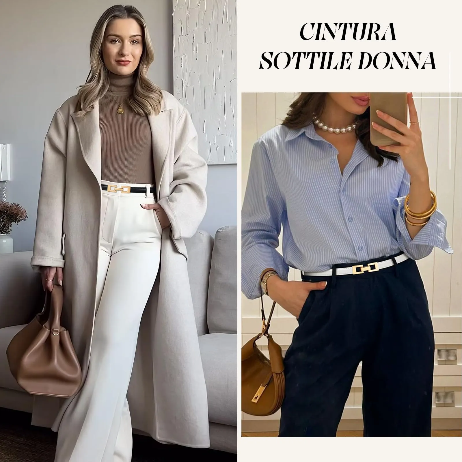 LEACOOLKEY Cintura Donna Sottile in Pelle con Fibbia Dorata, Bianco, 1,5 cm x 120 cm - immagine 3
