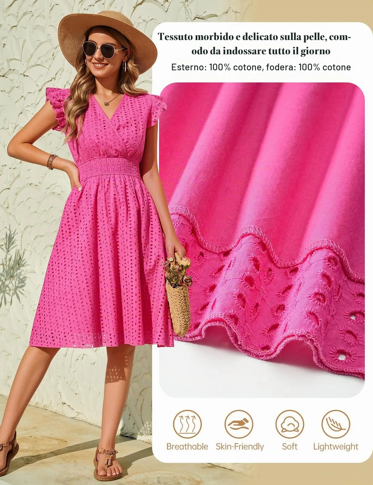 PASUDA Abito Estivo Donna in Cotone, Scollo a V, Senza Maniche con Volant, Jacquard, Rosa, M - immagine 5