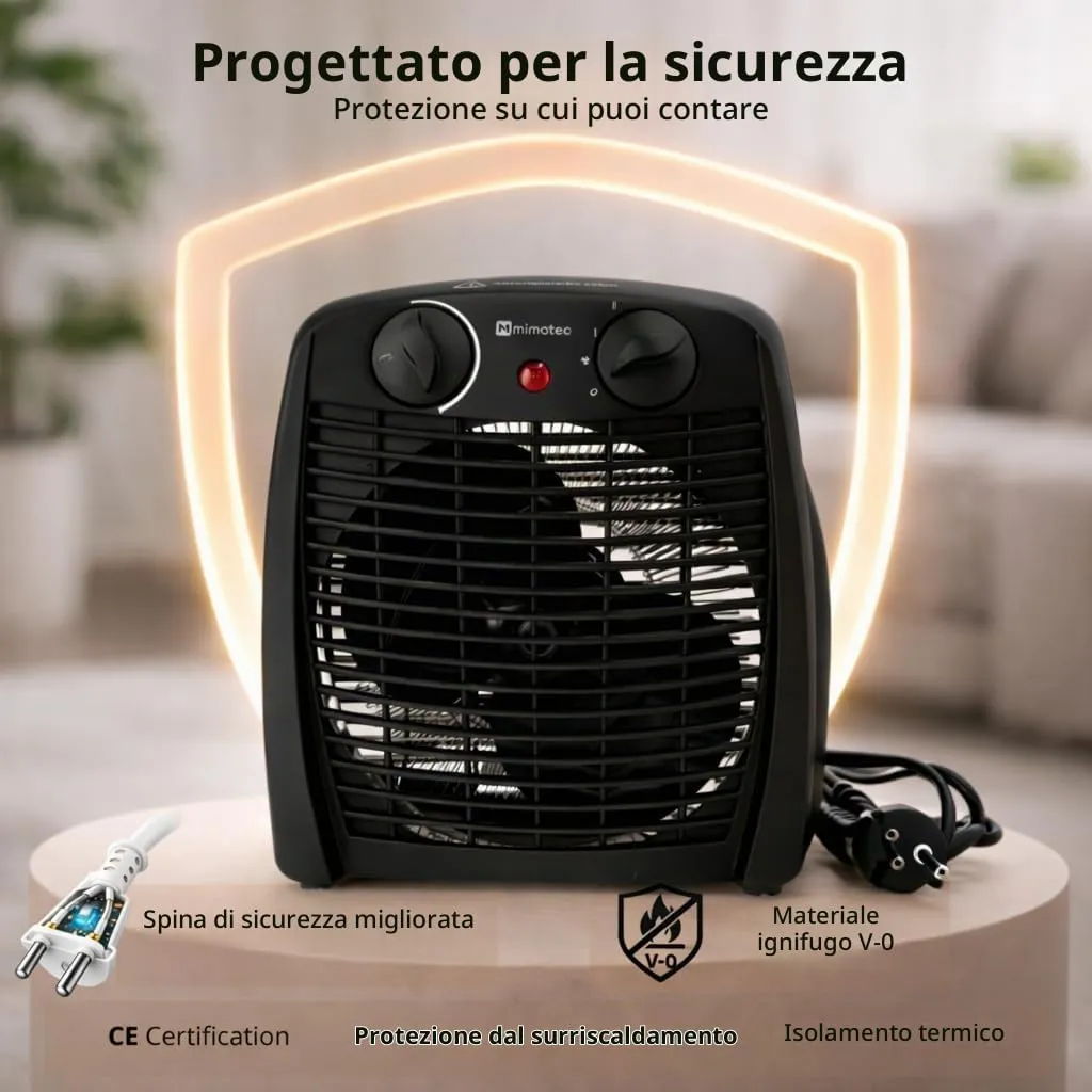 Mimotec Black Comfort Termoventilatore Elettrico 2000W, Riscaldamento Portatile 1000/2000W, IP20, per ambienti fino a 20 m² - immagine 6