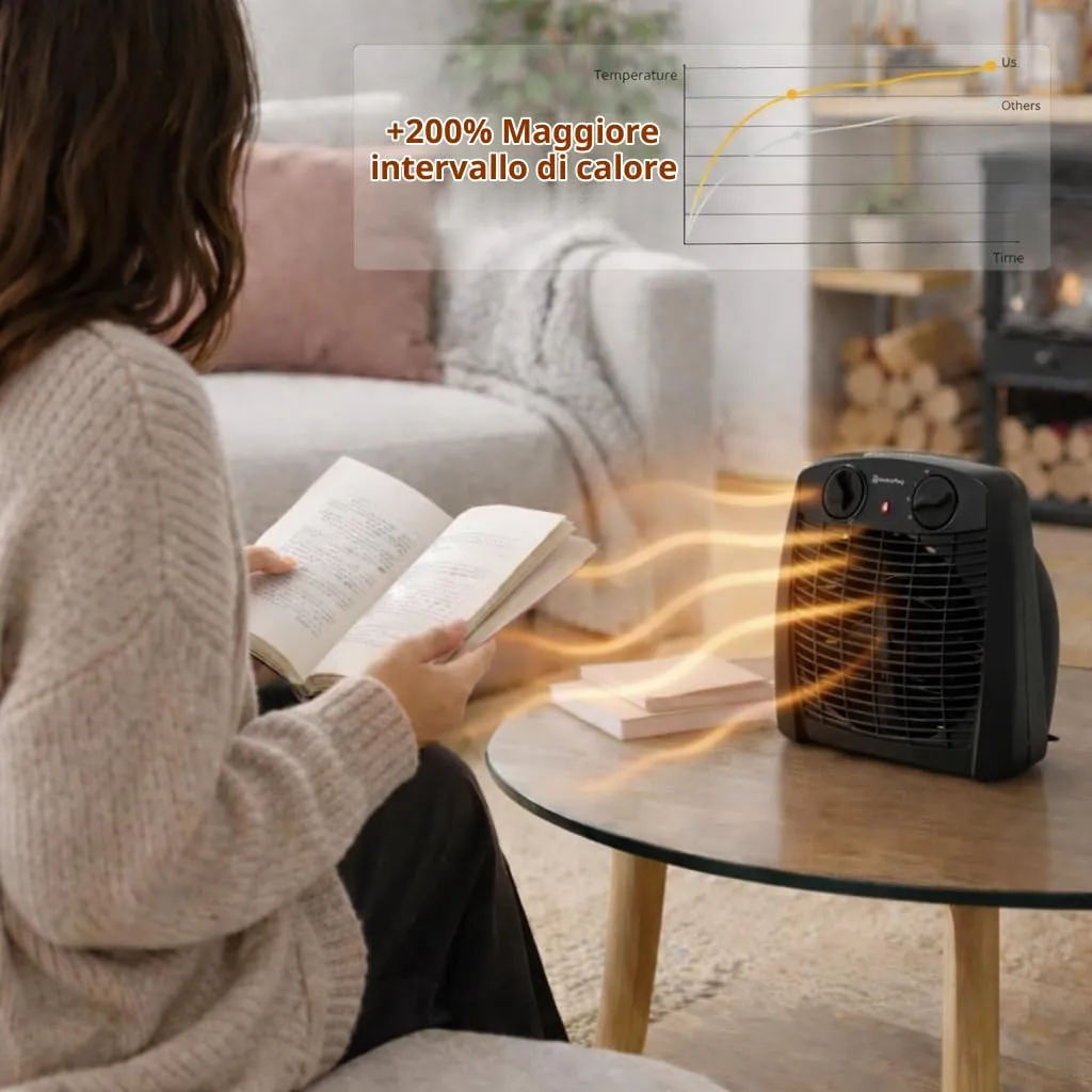 Mimotec Black Comfort Termoventilatore Elettrico 2000W, Riscaldamento Portatile 1000/2000W, IP20, per ambienti fino a 20 m² - immagine 7