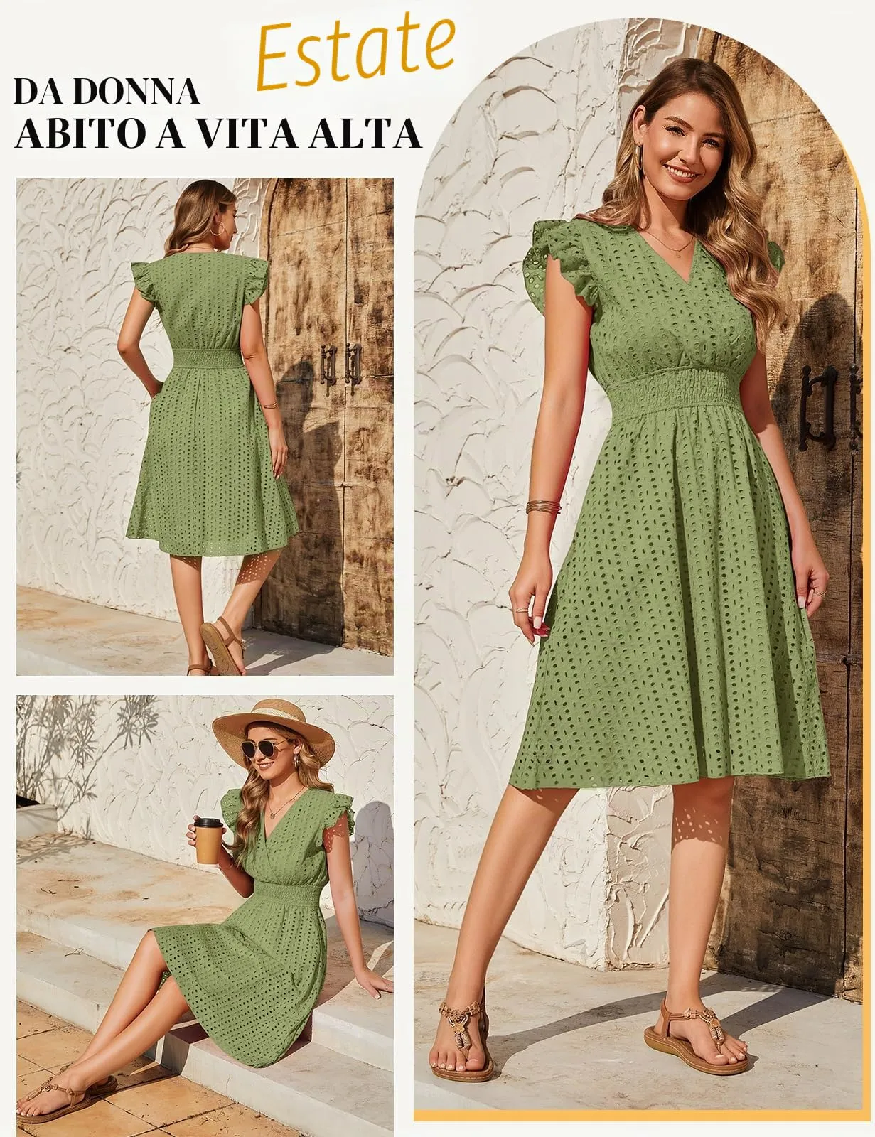 PASUDA Abito Estivo Donna in Cotone Scollo a V senza Maniche con Volant e Tasche, Verde Militare, S - immagine 3
