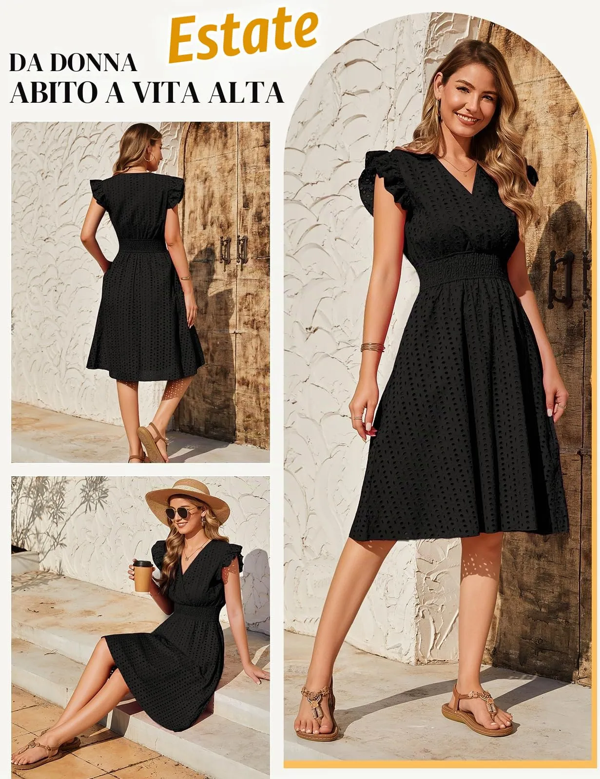 PASUDA Abito Estivo Donna in Cotone Senza Maniche con Scollo a V e Volant, Jacquard con Tasche (Nero, S) - immagine 3