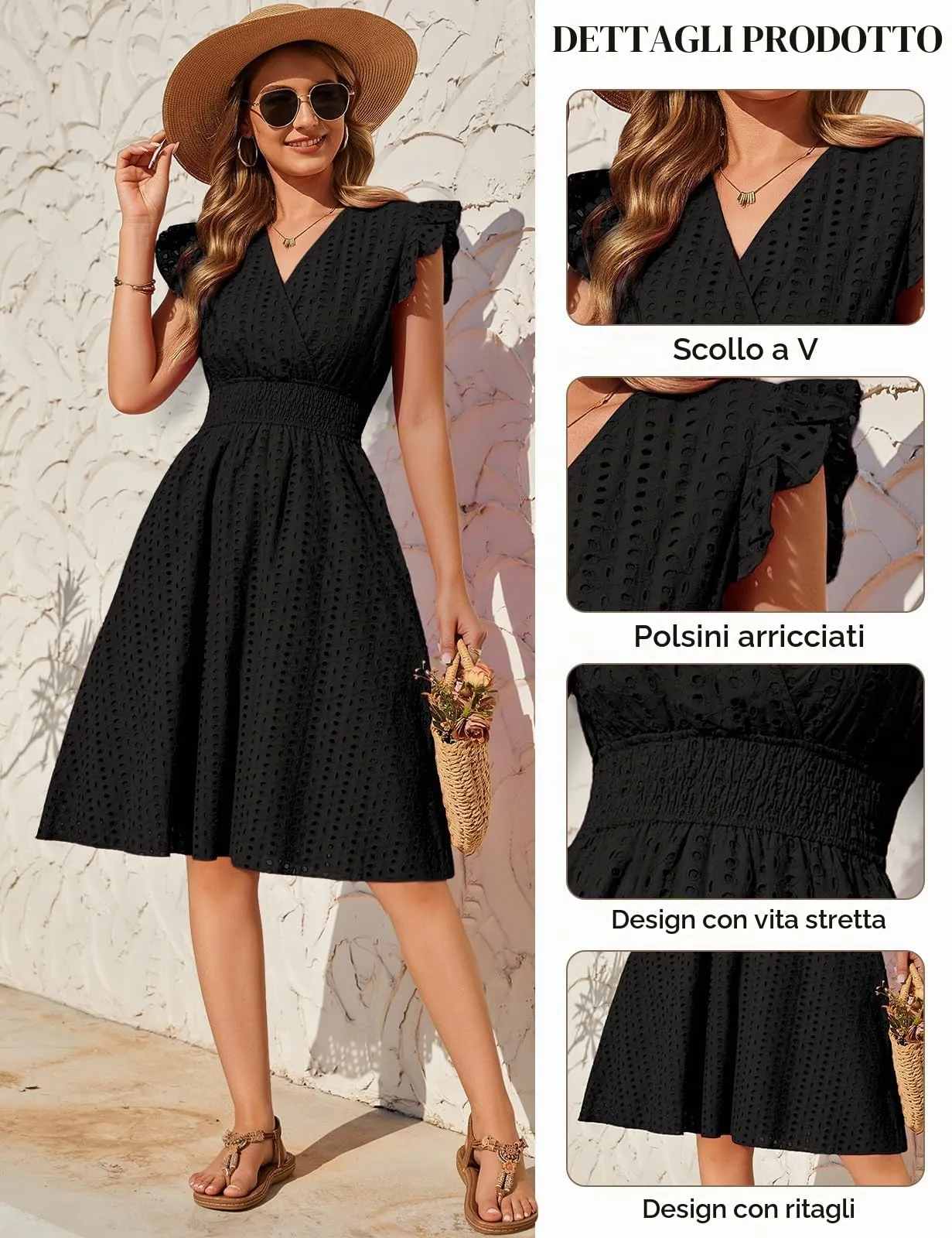 PASUDA Abito Estivo Donna in Cotone Senza Maniche con Scollo a V e Volant, Jacquard con Tasche (Nero, S) - immagine 4