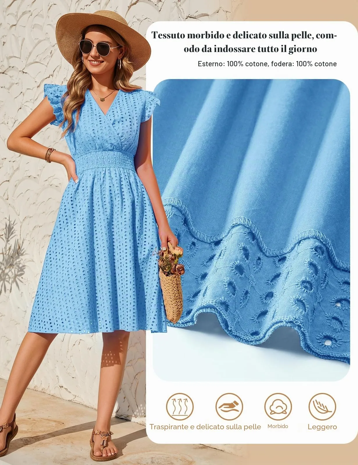 PASUDA Abito Estivo Donna in Cotone Scollo a V Senza Maniche con Volant e Tasche, Azzurro, XXL - immagine 5