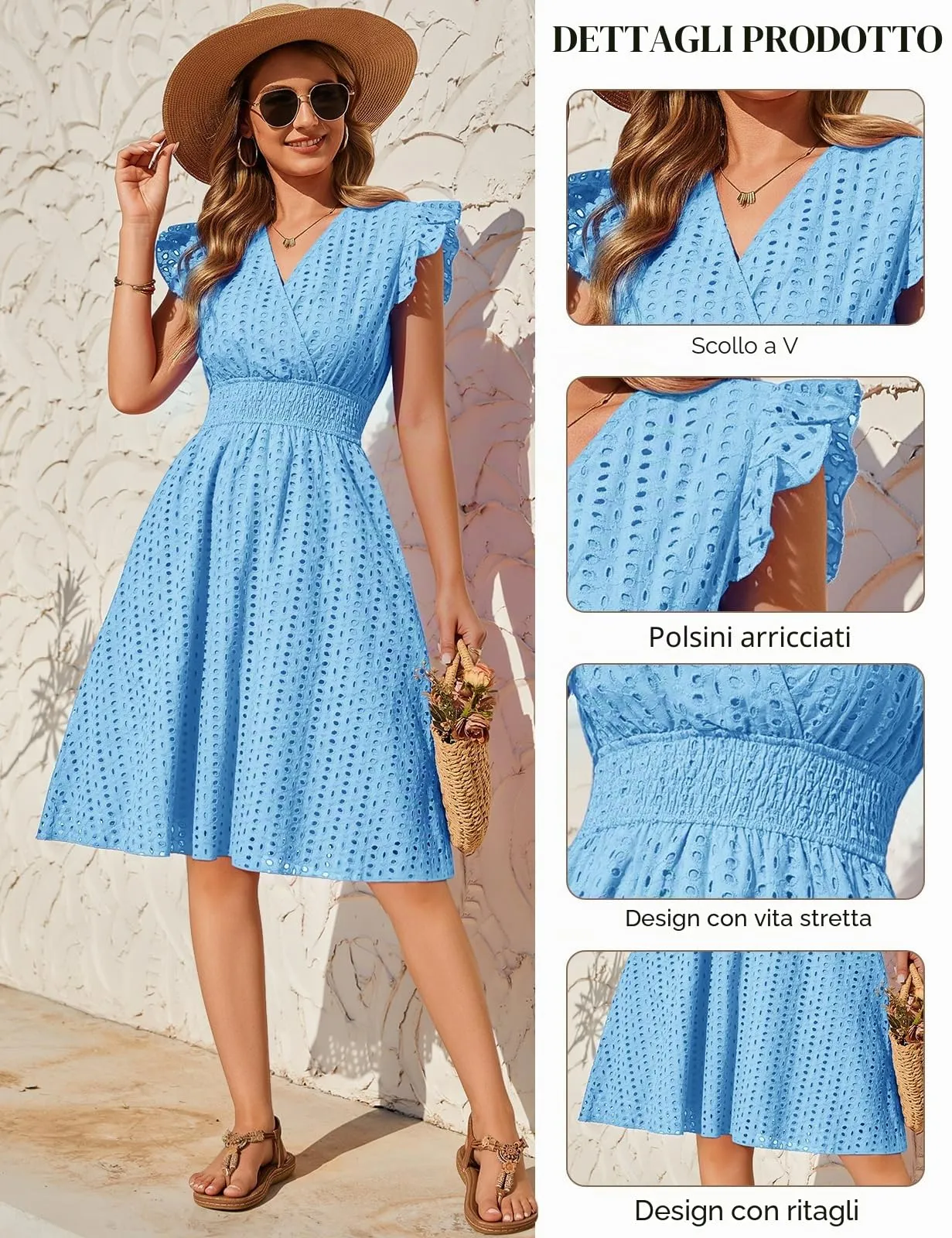PASUDA Abito Estivo Donna in Cotone Scollo a V Senza Maniche con Volant e Tasche, Azzurro, XL - immagine 4