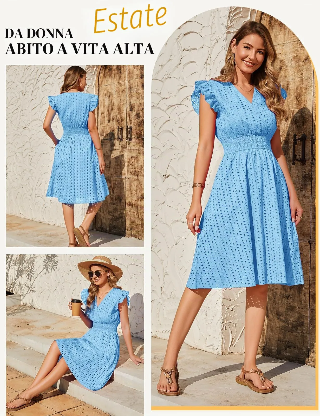 PASUDA Abito Estivo Donna in Cotone Senza Maniche con Scollo a V e Volant, Vestito Corto Jacquard con Tasche (Azzurro, M) - immagine 3