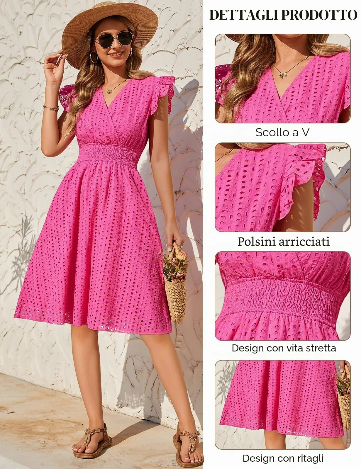 PASUDA Abito Estivo Donna in Cotone Senza Maniche con Scollo a V e Volant, Jacquard con Tasche (Rosa, XXL) - immagine 4